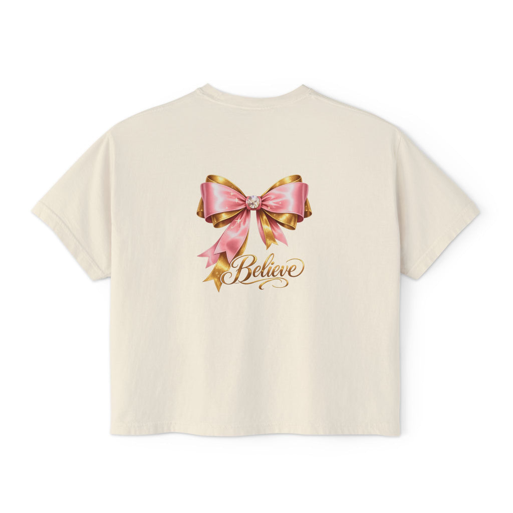 Women's Boxy Tee — Pink Gold Ribbon 'Believe' Graphic