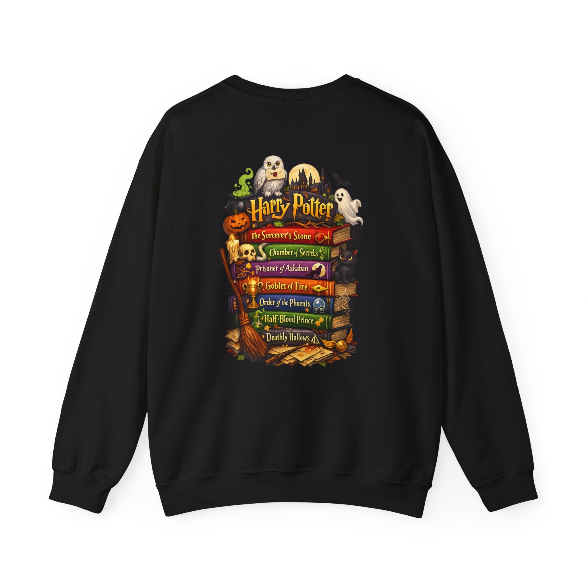 Harry Potter Stack Crewneck Sweatshirt — Book Spine Design with Owls & Autumn Icons