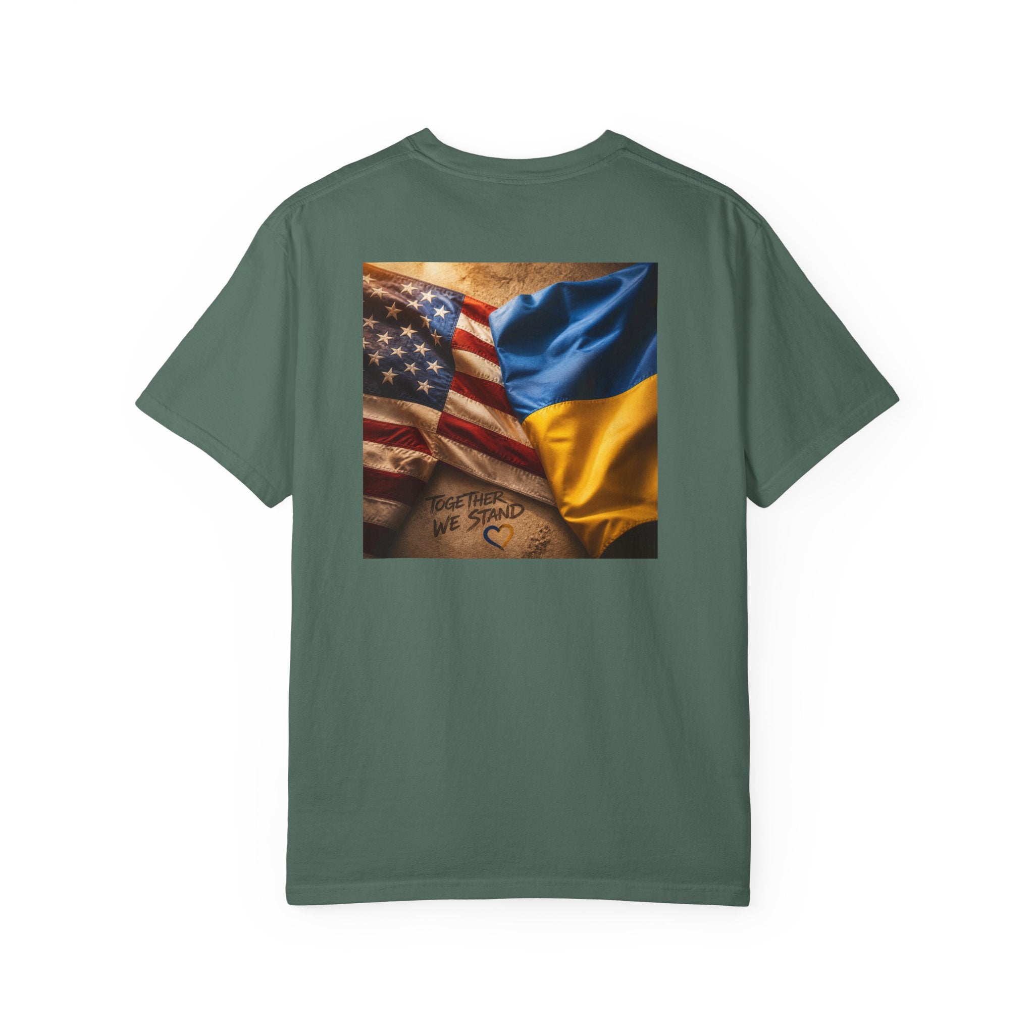 T-Shirt — USA & Ukraine Flag Heart Graphic Tee (Back Flag Image)