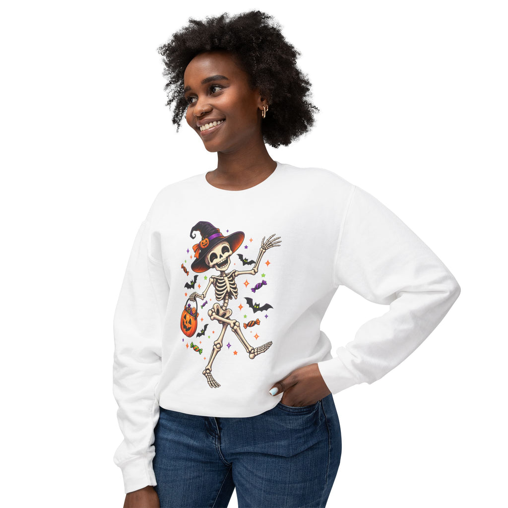 Halloween Dancing Skeleton Sweatshirt — Witch Hat Trick-or-Treat Pumpkin Design
