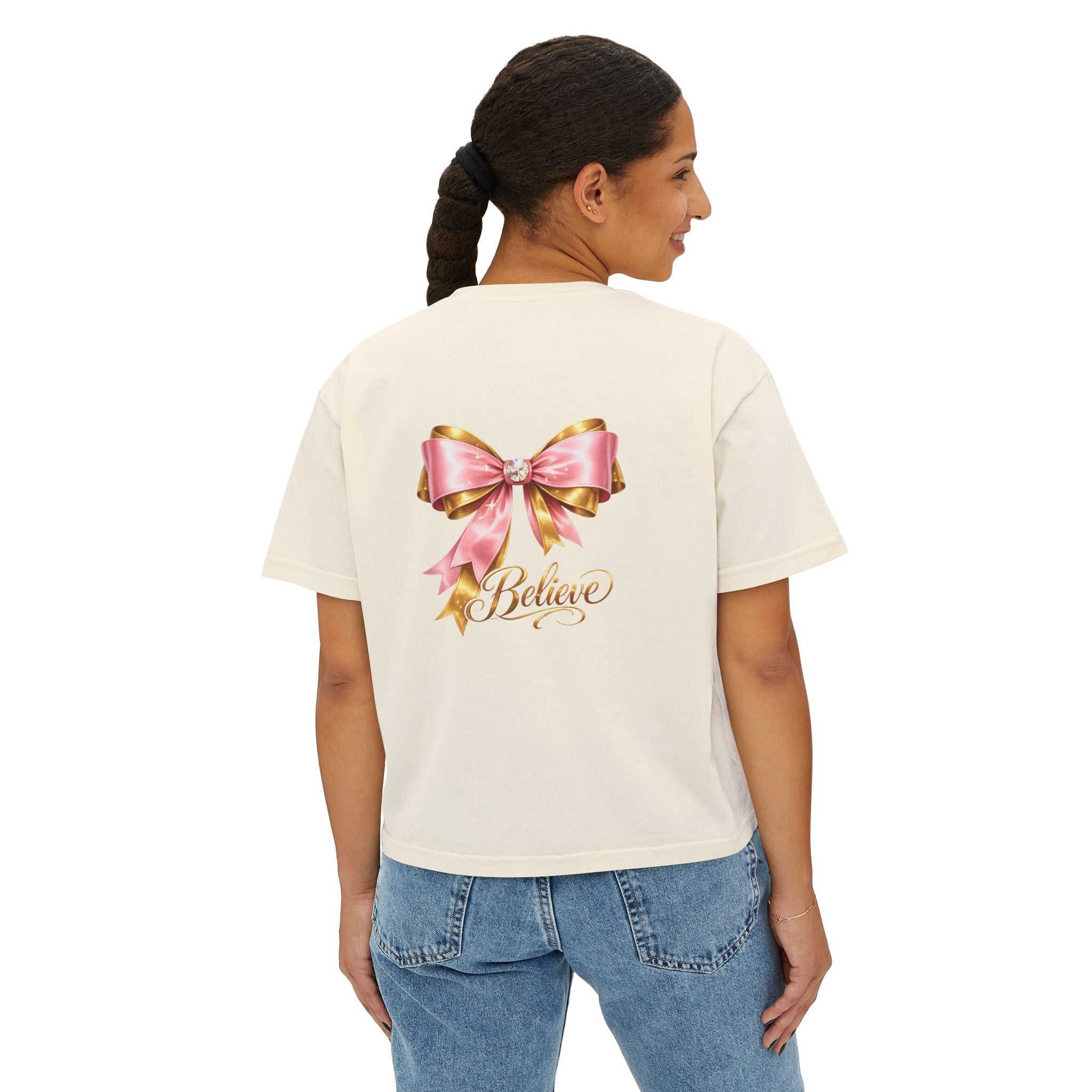 Women's Boxy Tee — Pink Gold Ribbon 'Believe' Graphic