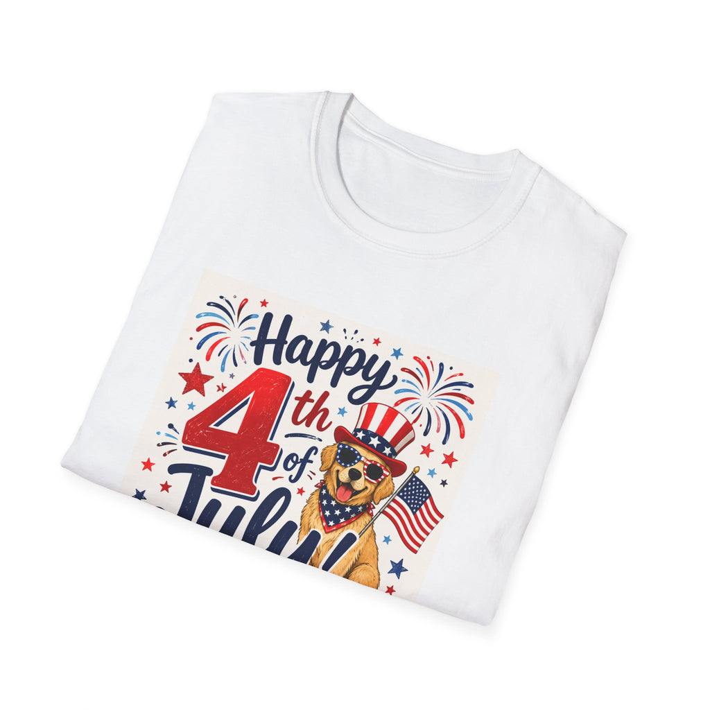 4th of July Dog T-Shirt — "Happy 4th of July" Patriotic Fireworks Tee