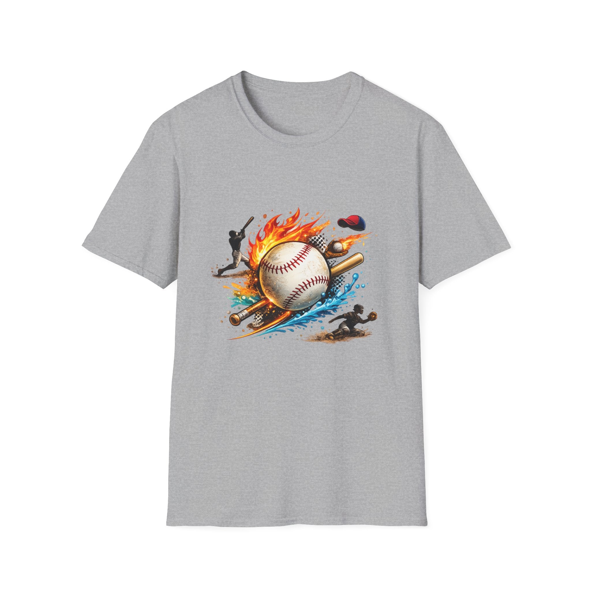 Baseball Inferno T-Shirt — Flaming Ball & Players Graphic Baseball Tee