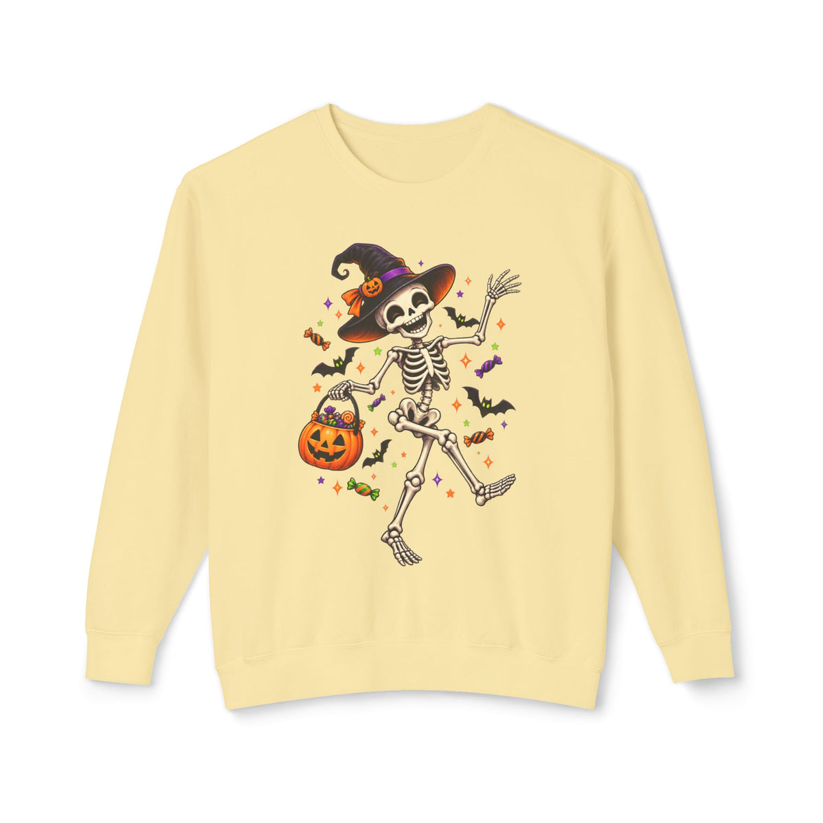 Halloween Dancing Skeleton Sweatshirt — Witch Hat Trick-or-Treat Pumpkin Design