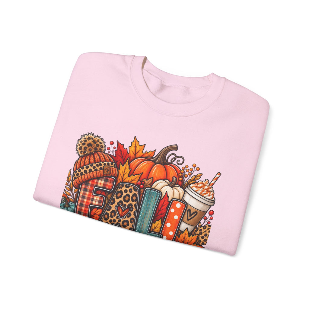 Fall Cozy Crewneck Sweatshirt — Pumpkin, Plaid & Coffee Autumn Graphic