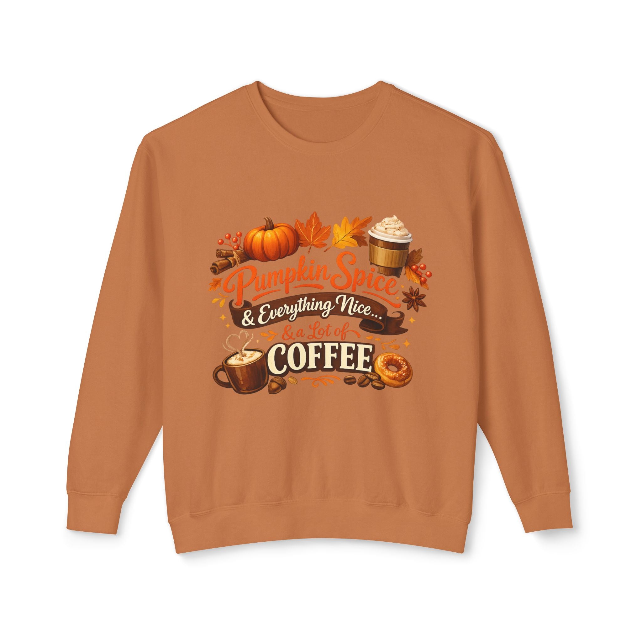 Pumpkin Spice & Coffee Crewneck Sweatshirt — Fall Cozy Coffee Lover Pullover