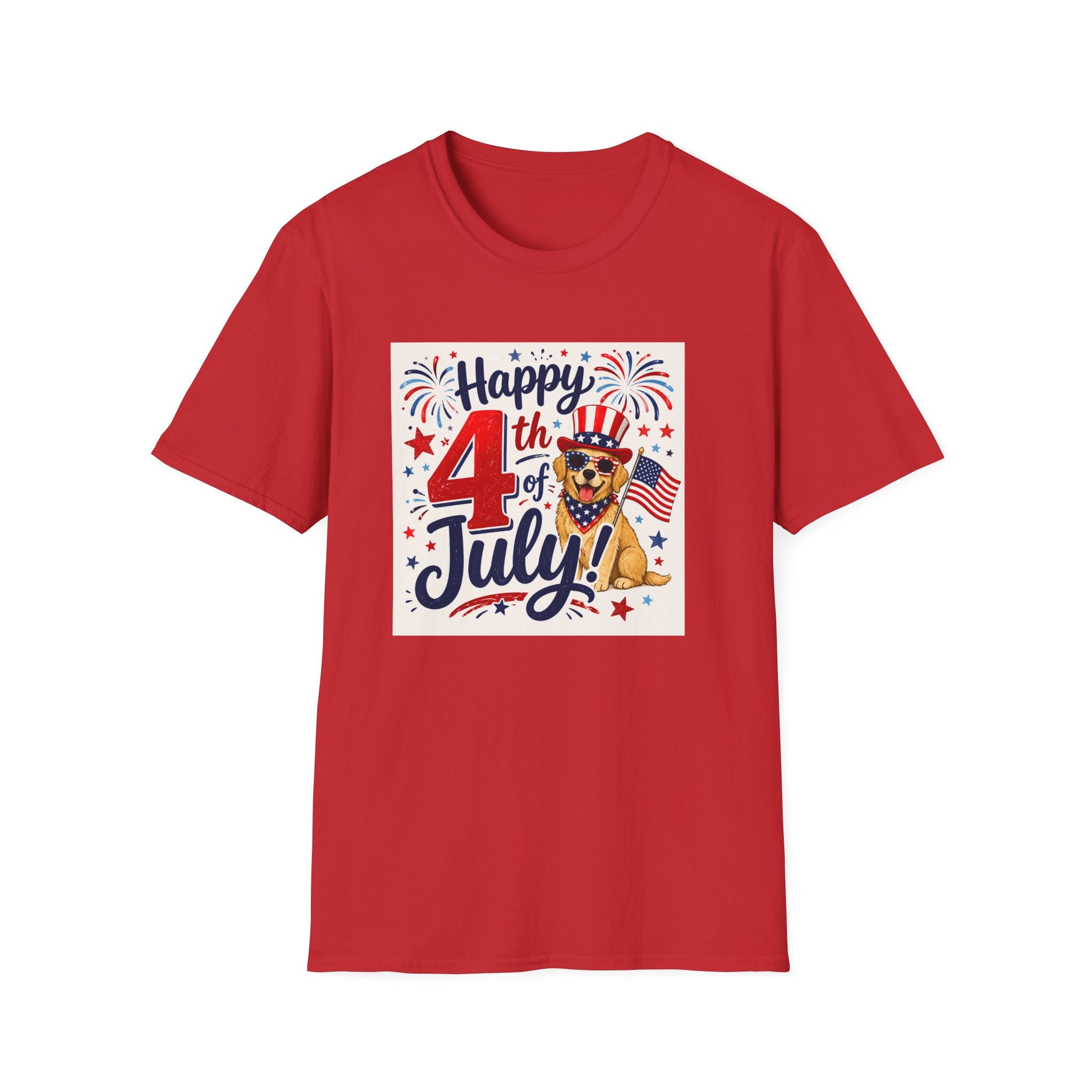 4th of July Dog T-Shirt — "Happy 4th of July" Patriotic Fireworks Tee