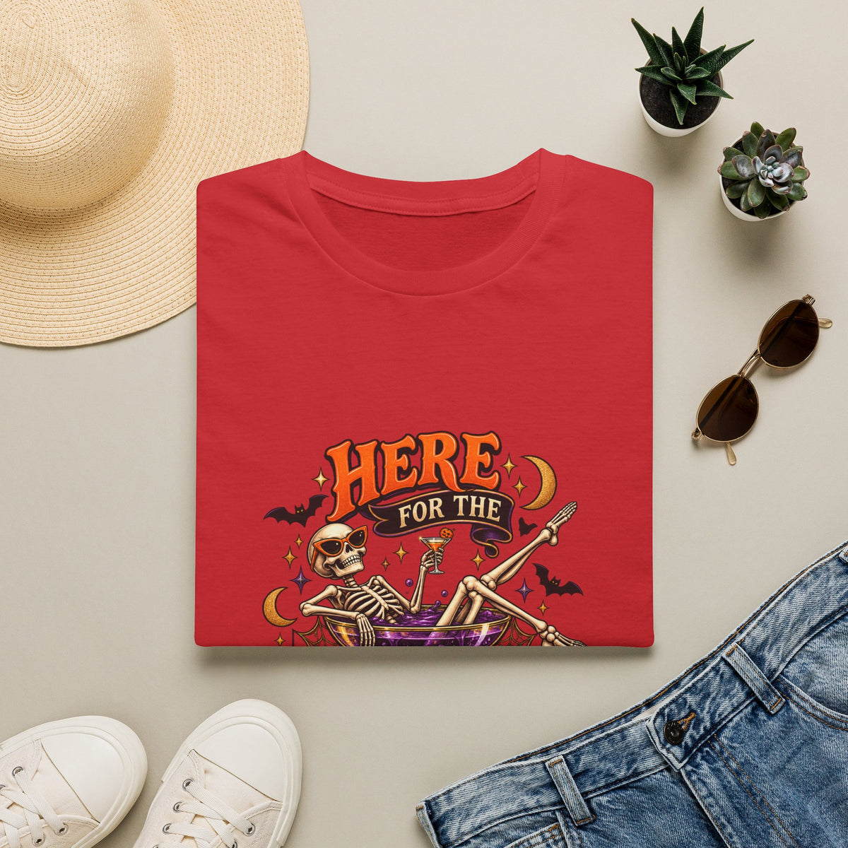 Here for the Boos Halloween T-Shirt — Skeleton Cauldron & Pumpkin Graphic Tee