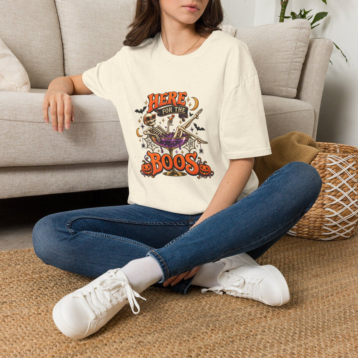 Here for the Boos Halloween T-Shirt — Skeleton Cauldron & Pumpkin Graphic Tee