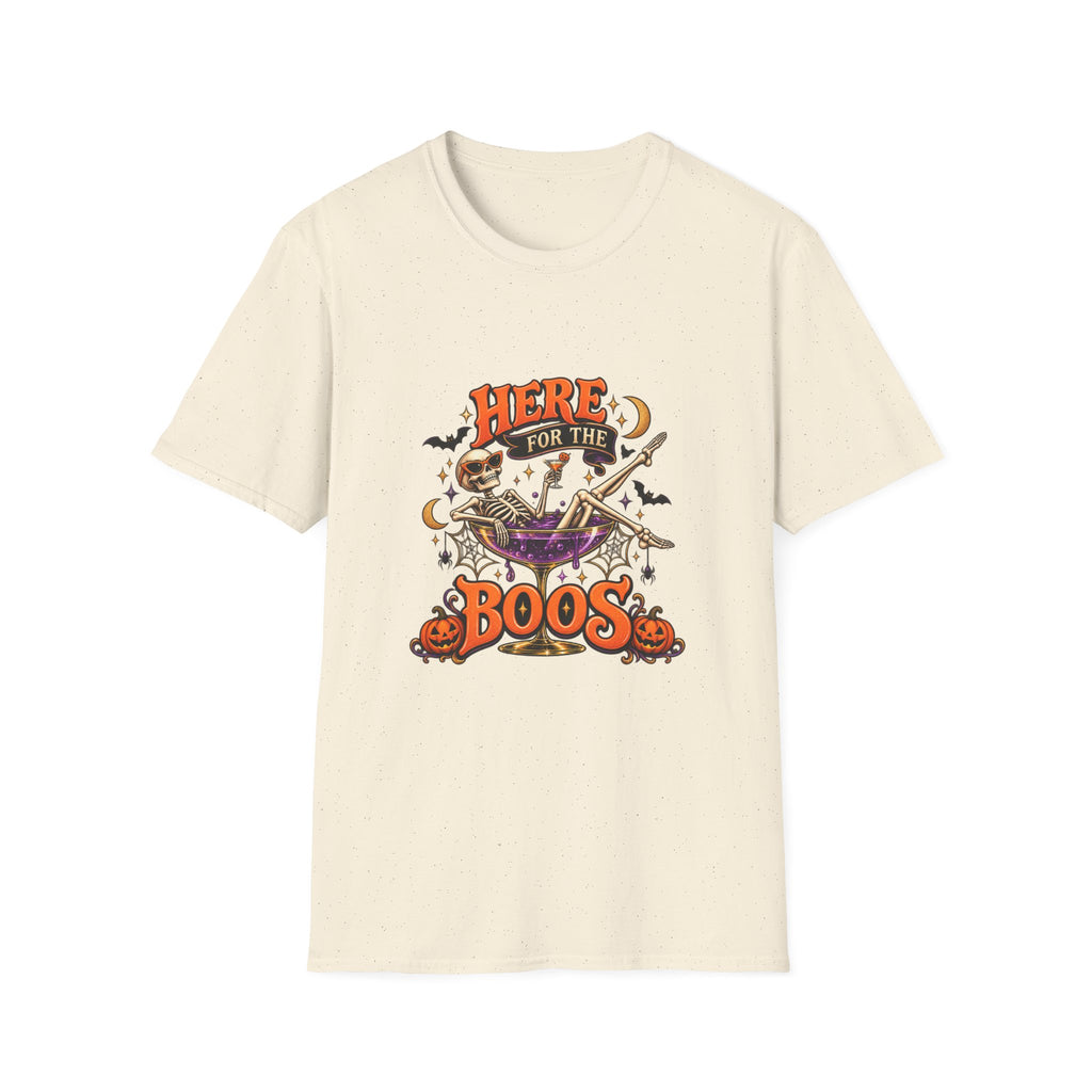 Here for the Boos Halloween T-Shirt — Skeleton Cauldron & Pumpkin Graphic Tee