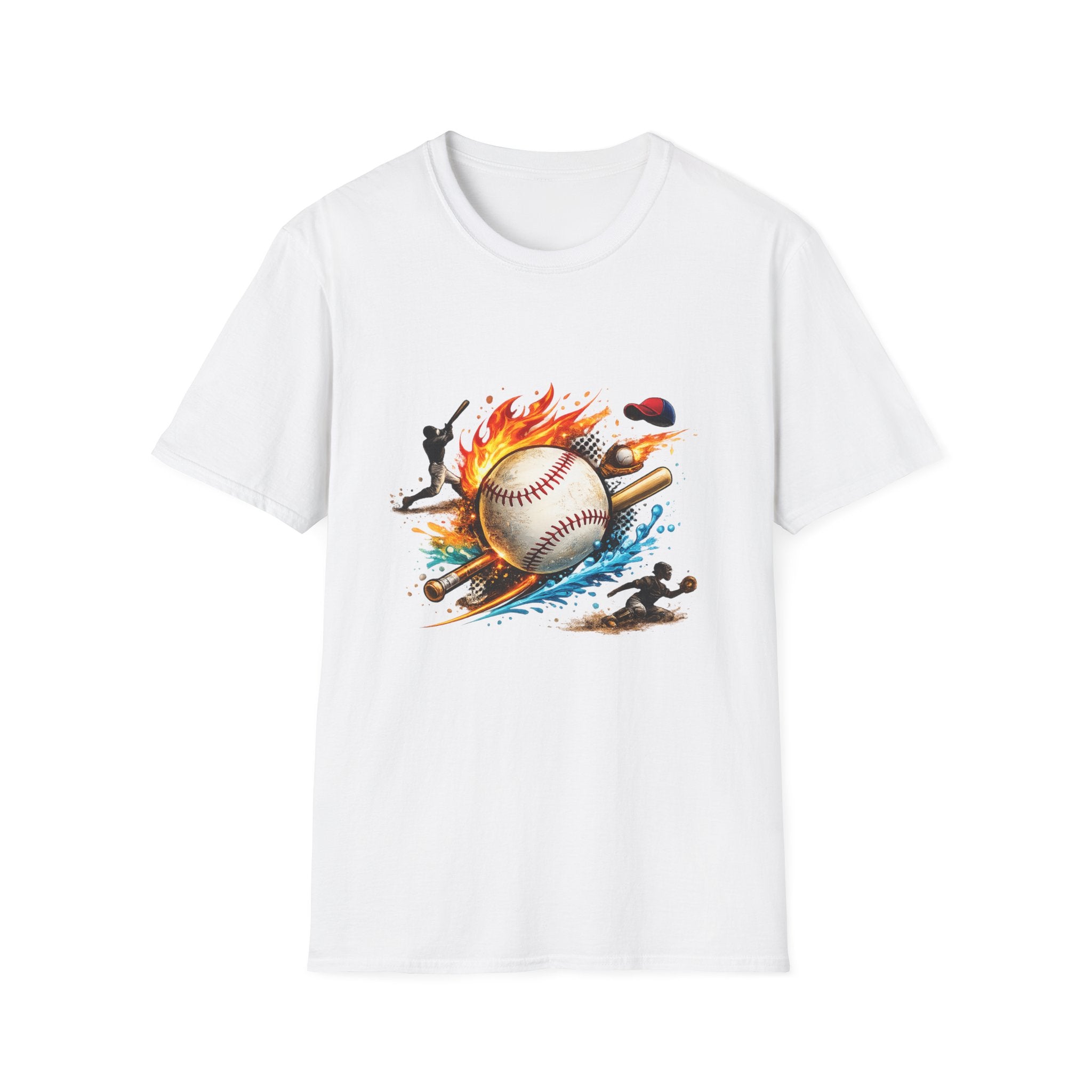 Baseball Inferno T-Shirt — Flaming Ball & Players Graphic Baseball Tee