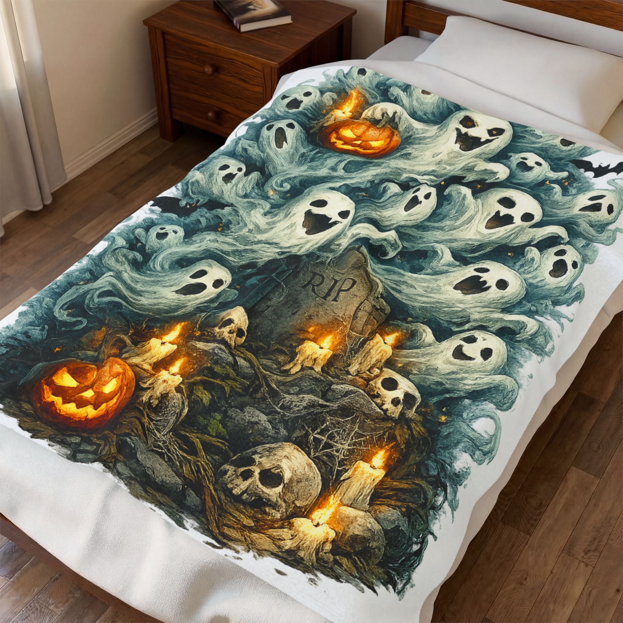 Ghostly Graveyard Velveteen Plush Blanket — Halloween Pumpkin & Skull Throw