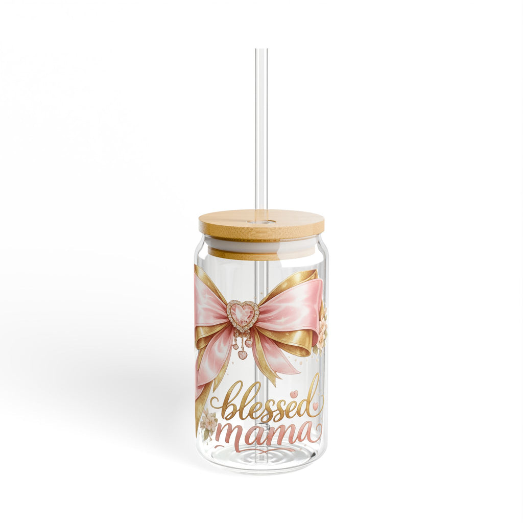 Blessed Mama Glass Sipper - 16oz Pink Ribbon Floral Tumbler with Straw