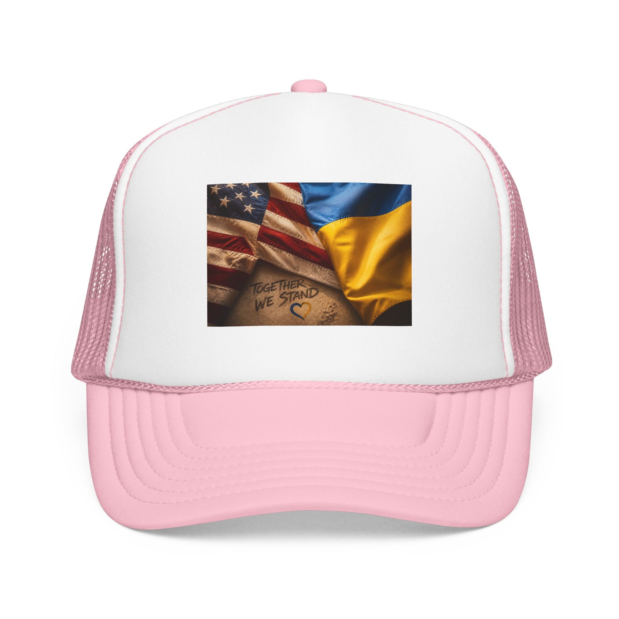 Trucker Hat — American & Ukrainian Flags "Together We Stand" Patriotic Foam Cap