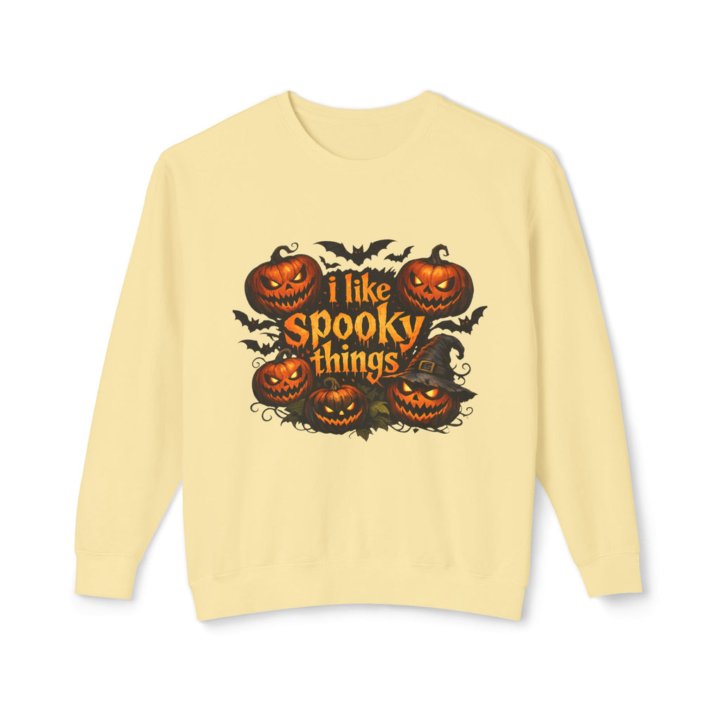 Halloween Sweatshirt — "I Like Spooky Things" Pumpkin & Bats Crewneck