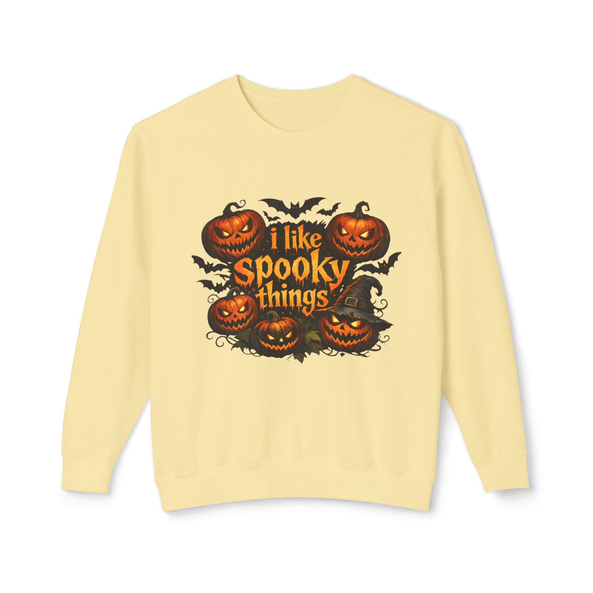 Halloween Sweatshirt — "I Like Spooky Things" Pumpkin & Bats Crewneck