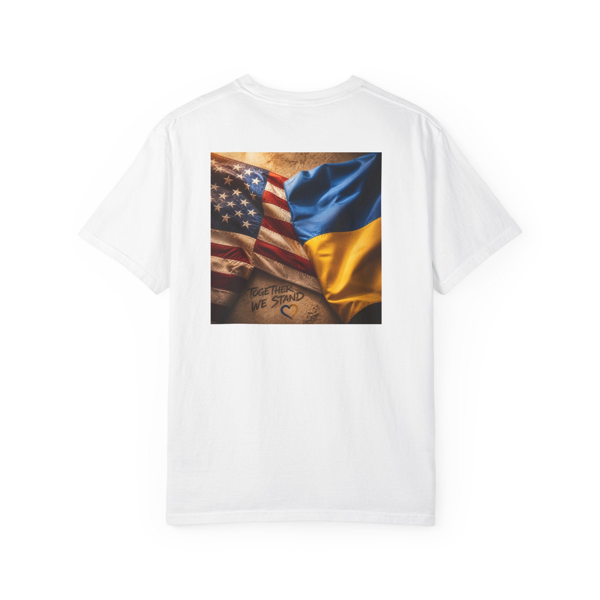 T-Shirt — USA & Ukraine Flag Heart Graphic Tee (Back Flag Image)