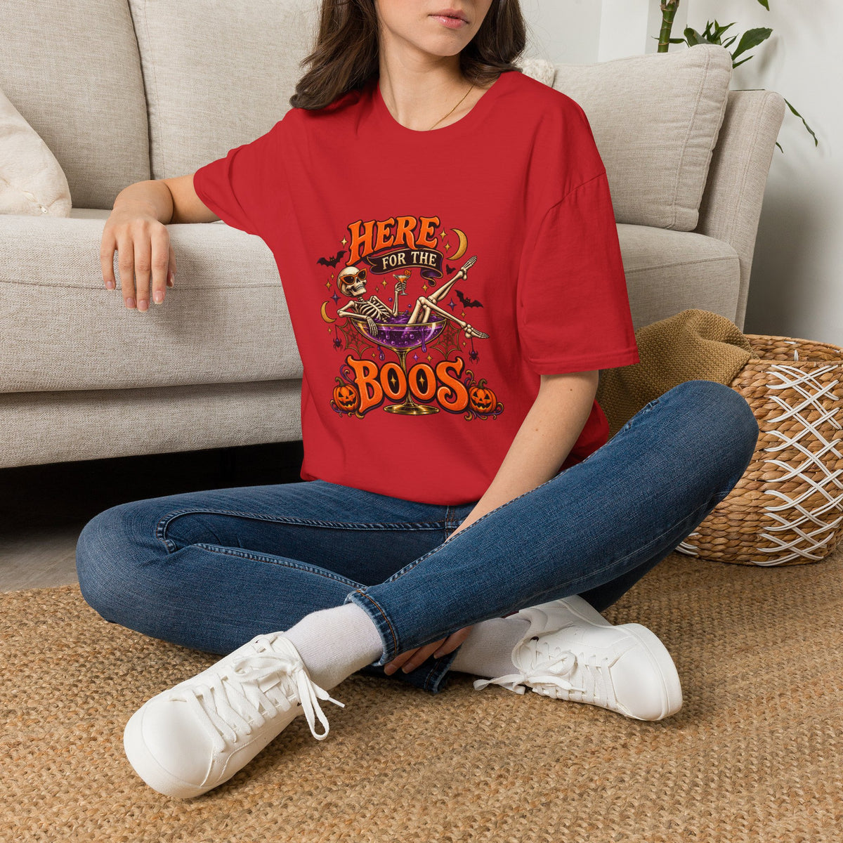 Here for the Boos Halloween T-Shirt — Skeleton Cauldron & Pumpkin Graphic Tee