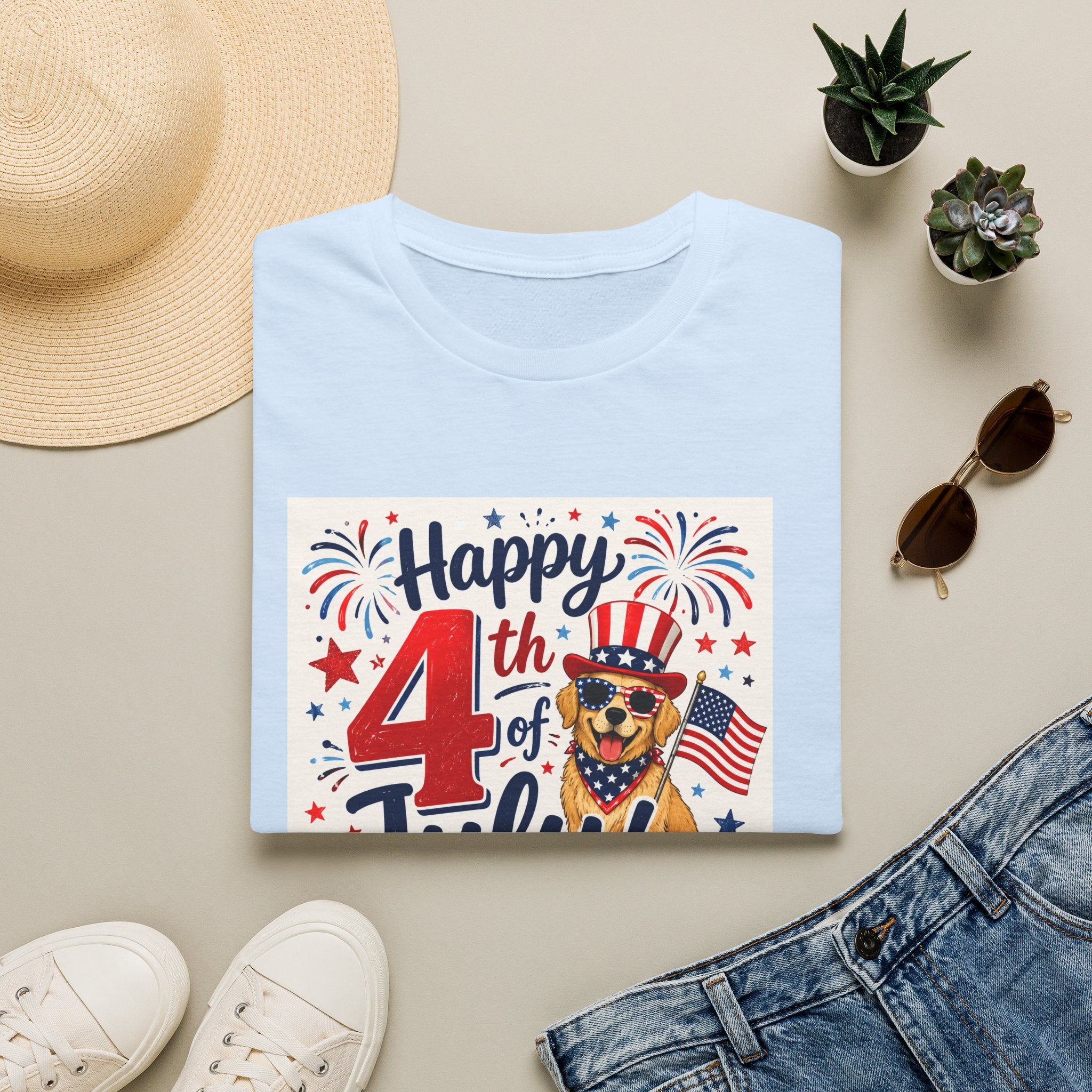 4th of July Dog T-Shirt — "Happy 4th of July" Patriotic Fireworks Tee