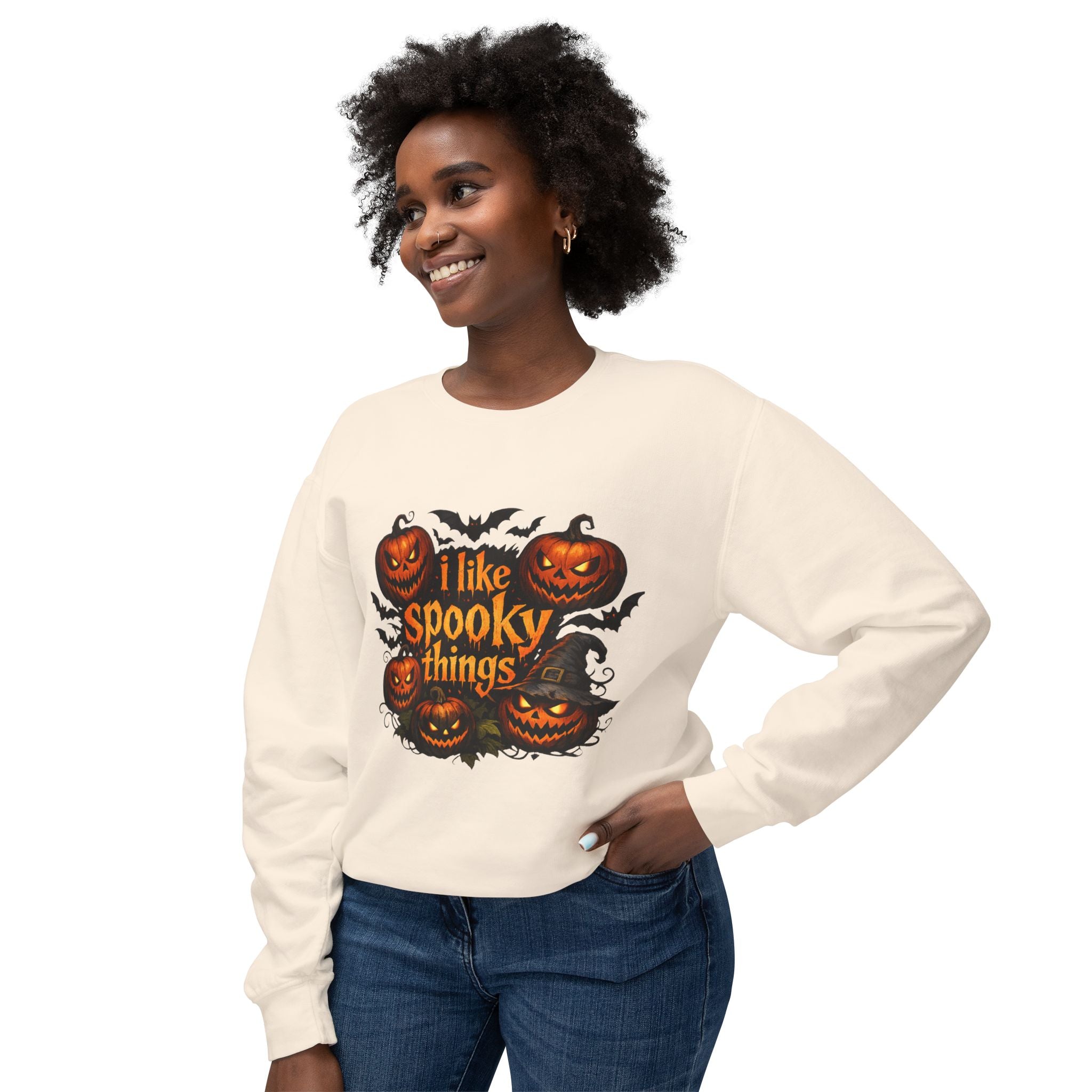 Halloween Sweatshirt — "I Like Spooky Things" Pumpkin & Bats Crewneck