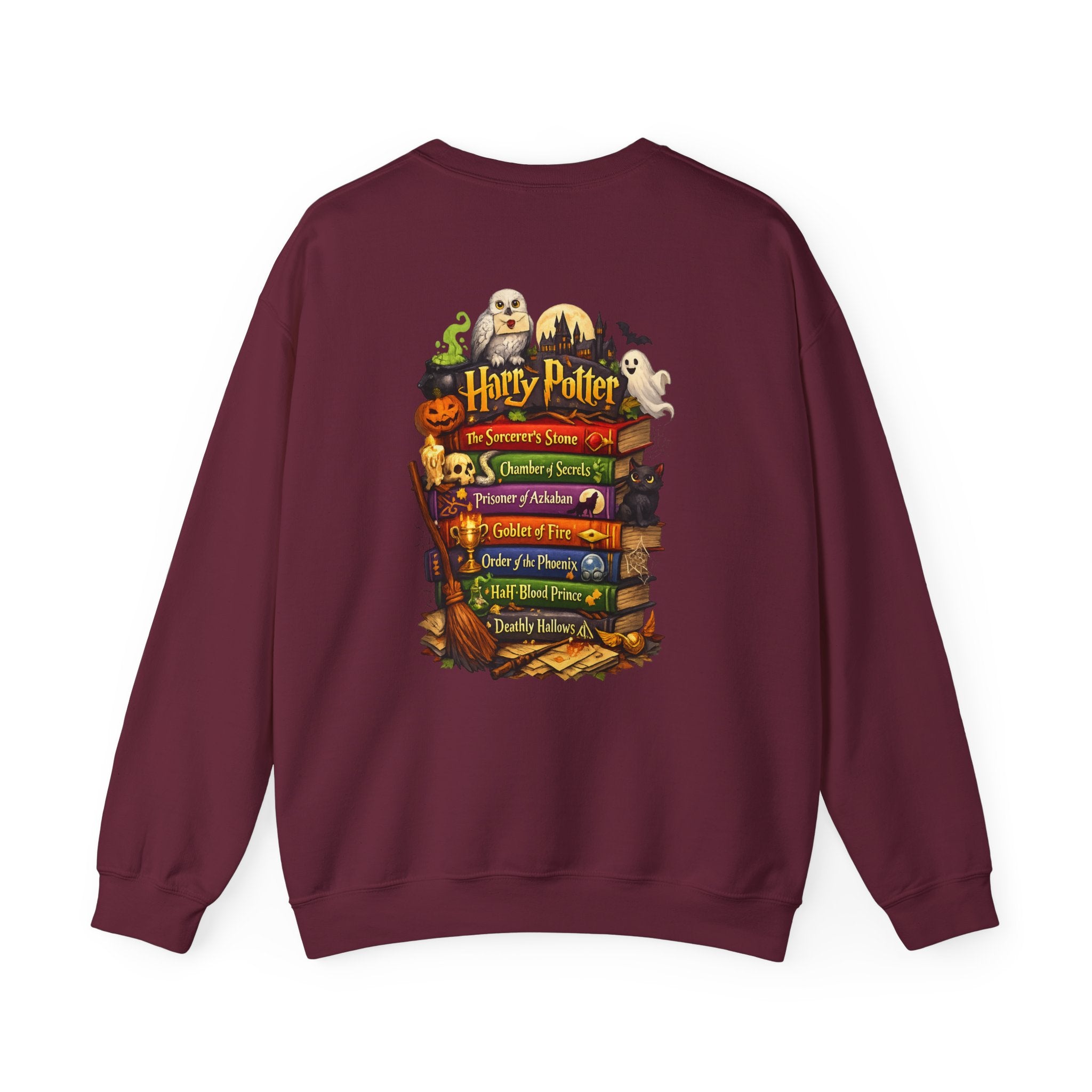 Harry Potter Stack Crewneck Sweatshirt — Book Spine Design with Owls & Autumn Icons