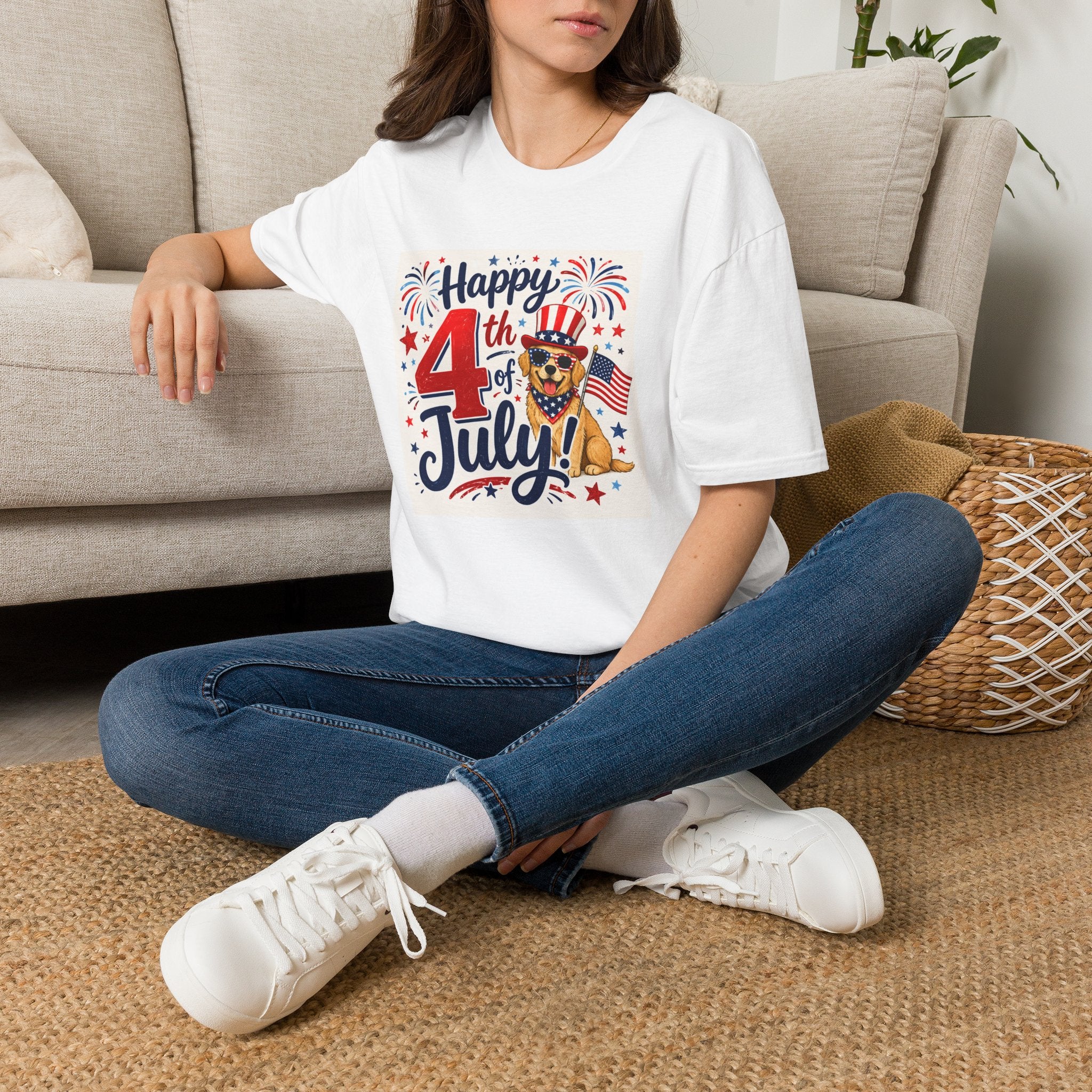 4th of July Dog T-Shirt — "Happy 4th of July" Patriotic Fireworks Tee