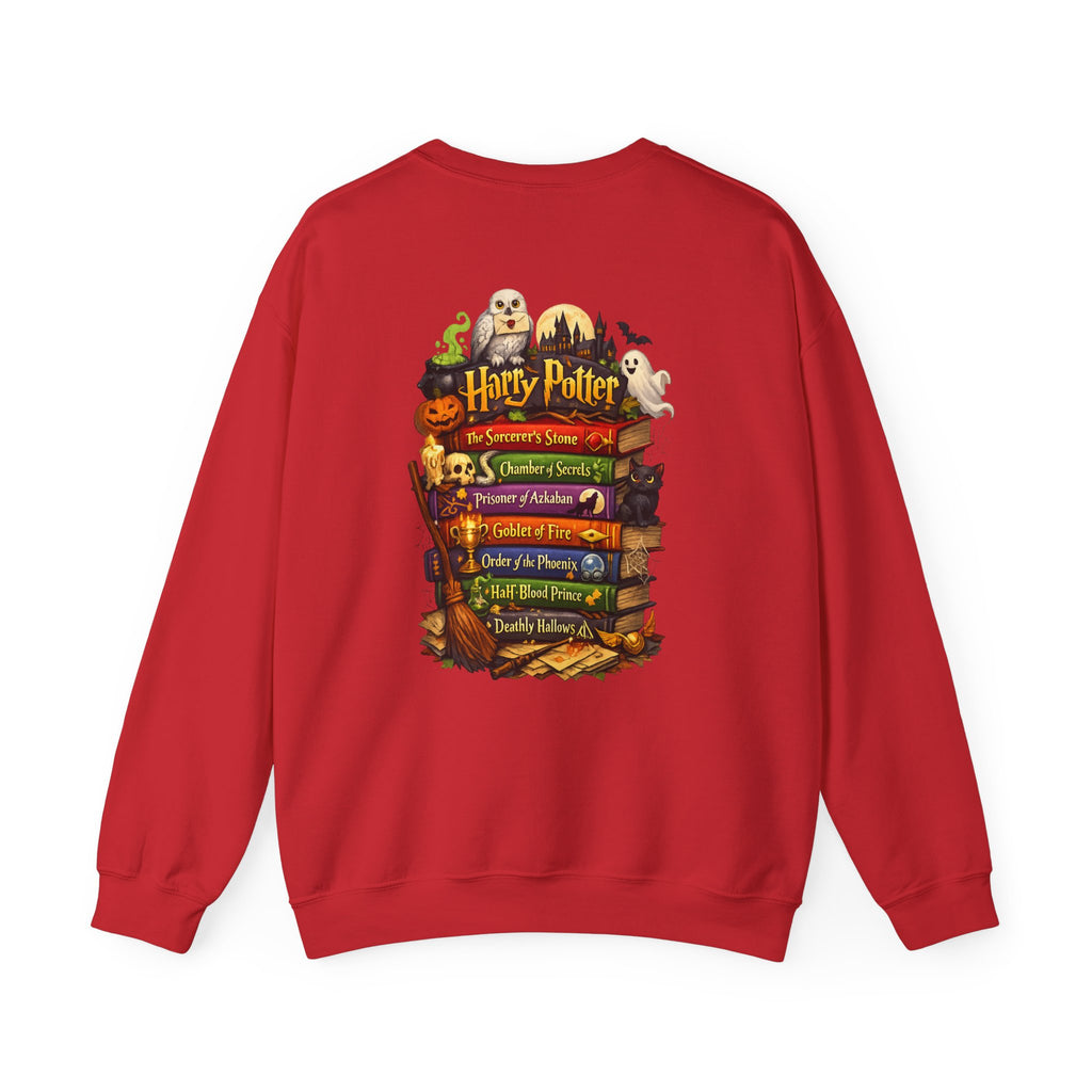 Harry Potter Stack Crewneck Sweatshirt — Book Spine Design with Owls & Autumn Icons