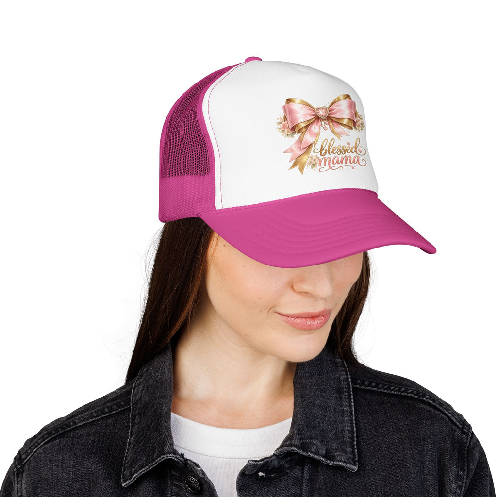 Blessed Mama Trucker Hat — Pink Ribbon Floral Mom Cap