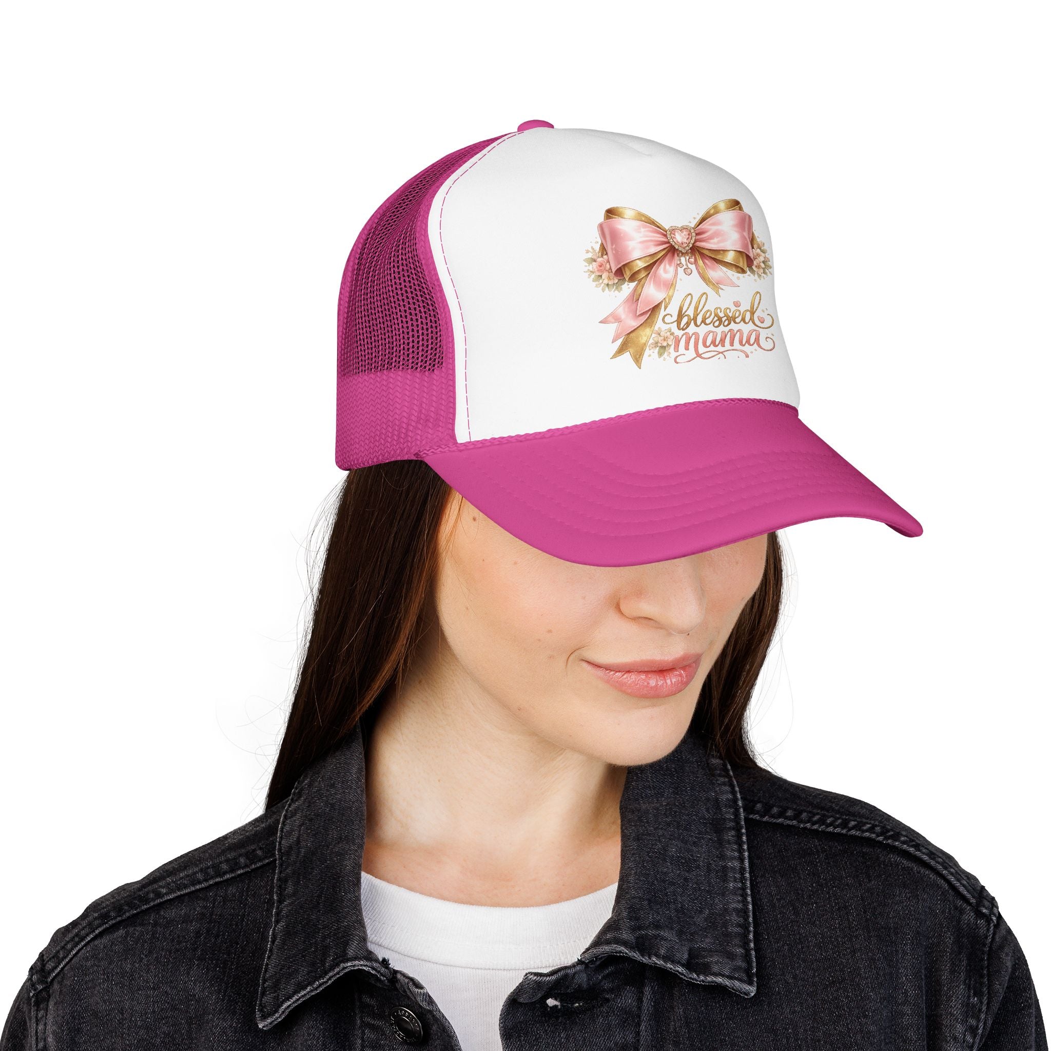 Blessed Mama Trucker Hat — Pink Ribbon Floral Mom Cap