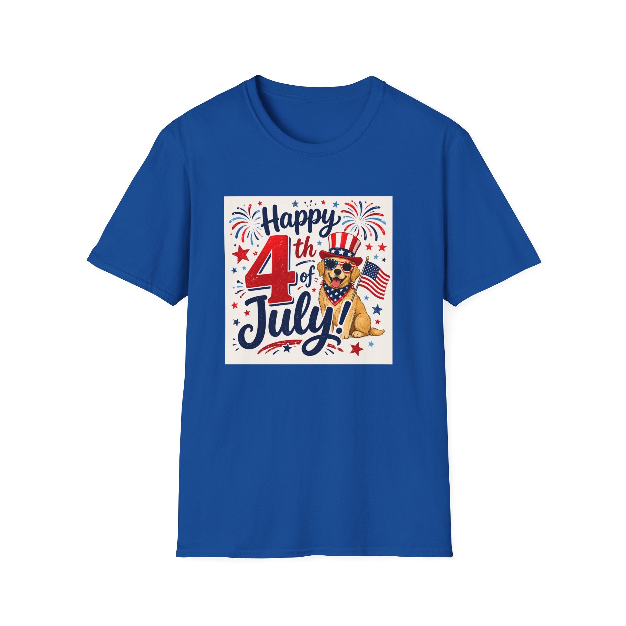 4th of July Dog T-Shirt — "Happy 4th of July" Patriotic Fireworks Tee