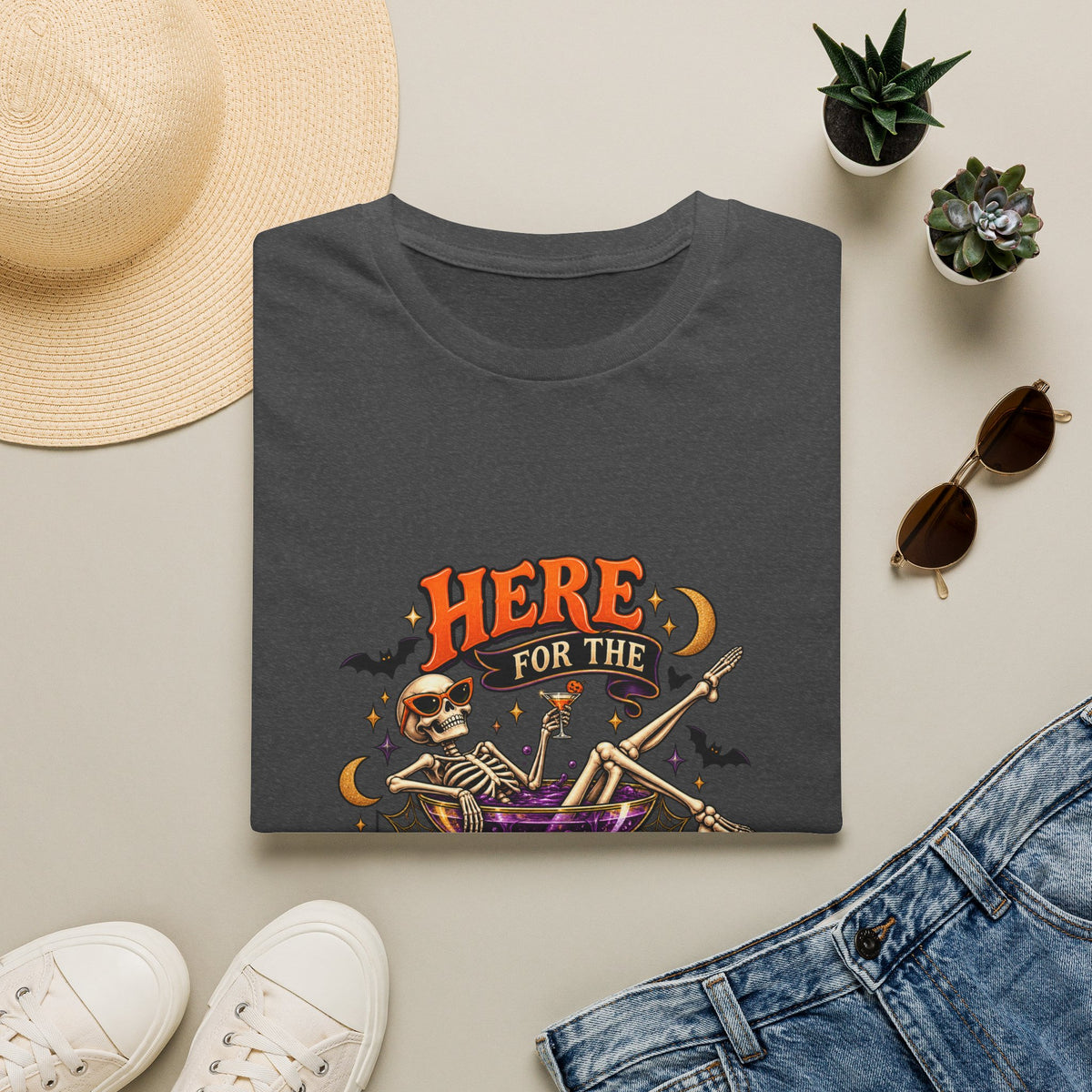 Here for the Boos Halloween T-Shirt — Skeleton Cauldron & Pumpkin Graphic Tee