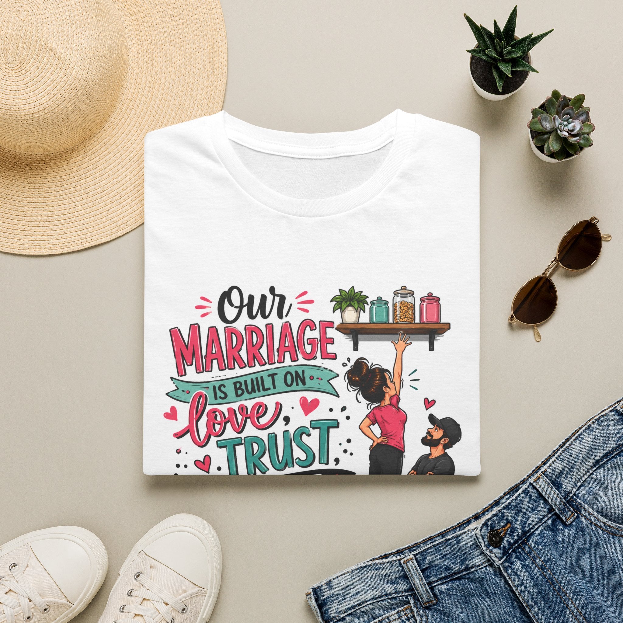 T-Shirt — "Our Marriage Is Built On Love, Trust (and the Tall That I Can’t Reach)" Cute Couple Graphic Tee