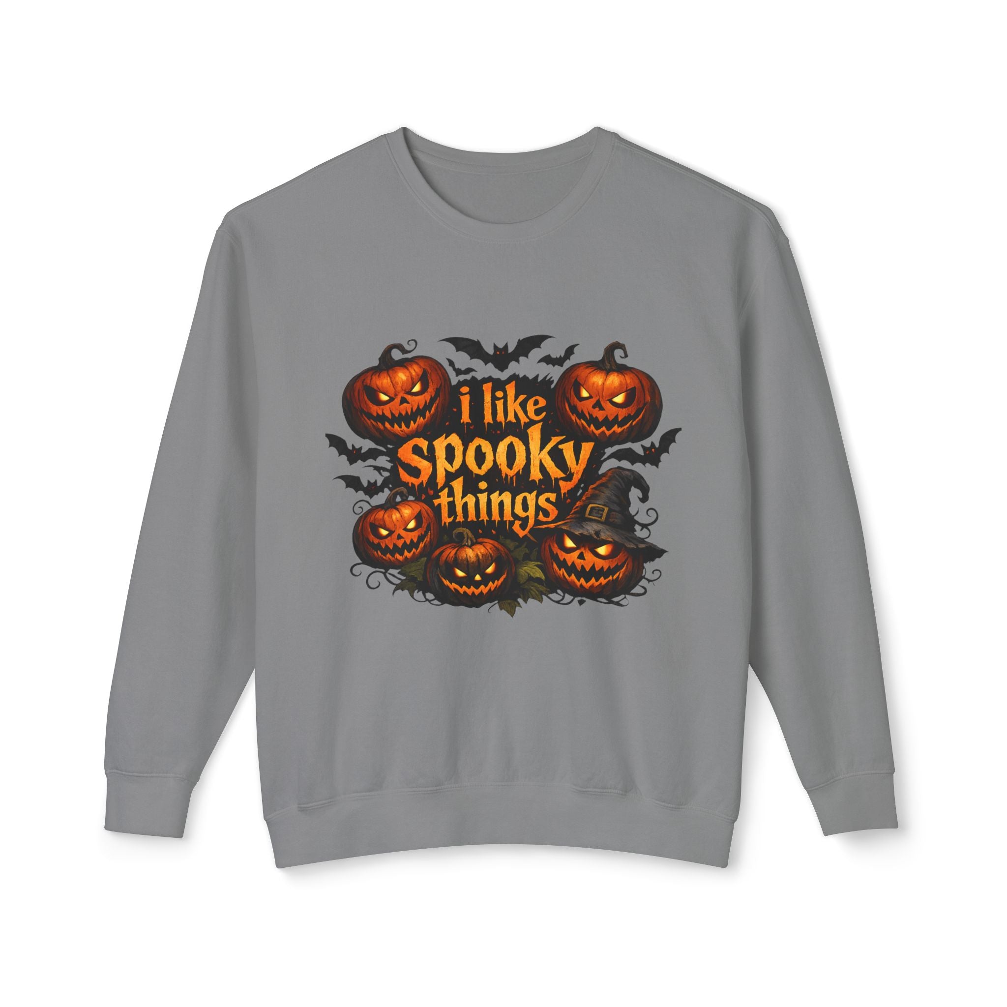 Halloween Sweatshirt — "I Like Spooky Things" Pumpkin & Bats Crewneck