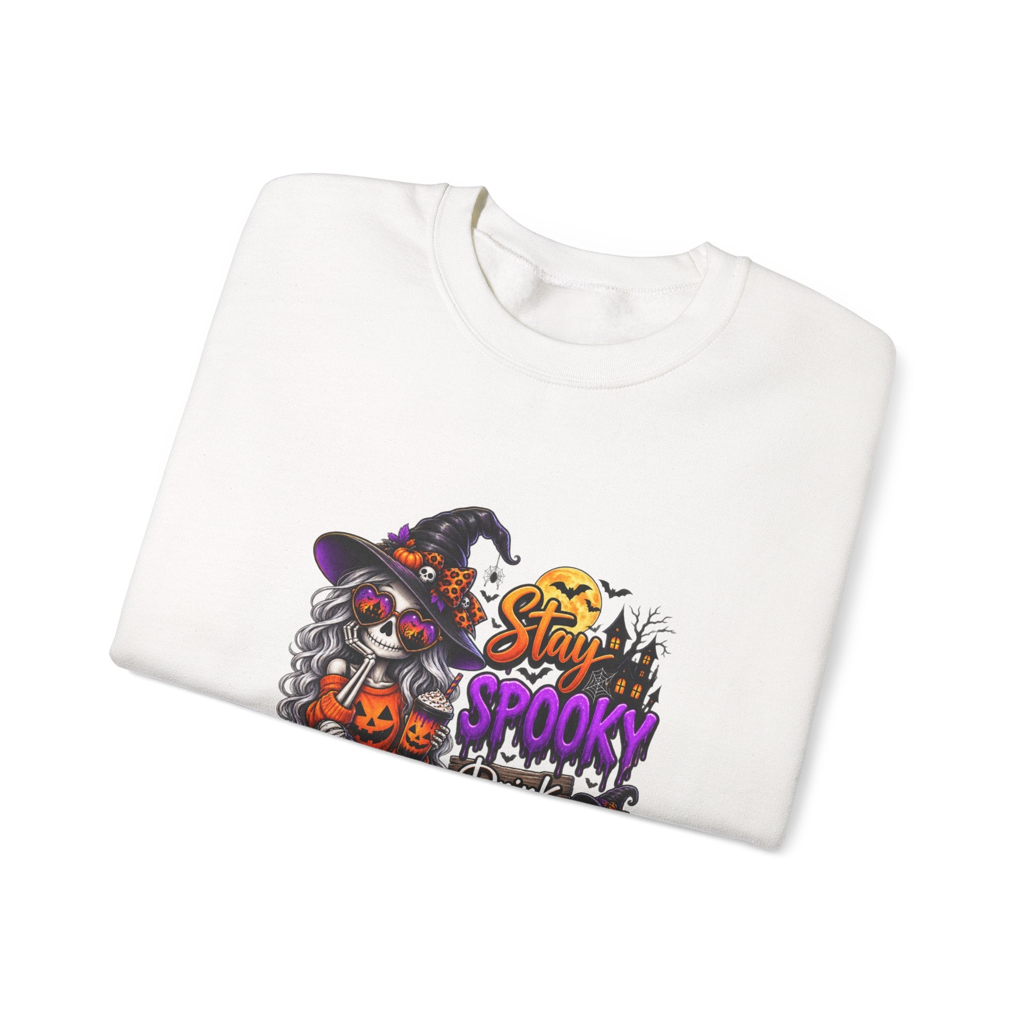 Halloween Crewneck Sweatshirt — "Stay Spooky, Drink Something Scary" Witch & Jack-O'-Lantern Design