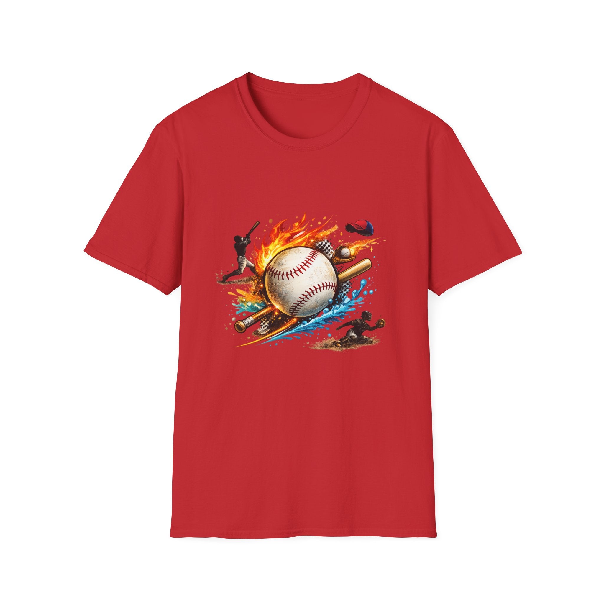 Baseball Inferno T-Shirt — Flaming Ball & Players Graphic Baseball Tee