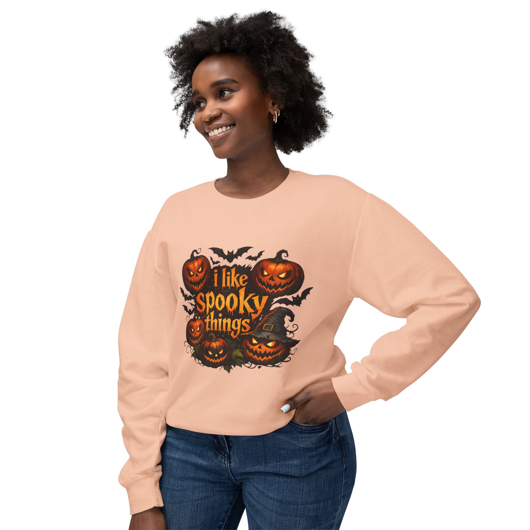 Halloween Sweatshirt — "I Like Spooky Things" Pumpkin & Bats Crewneck