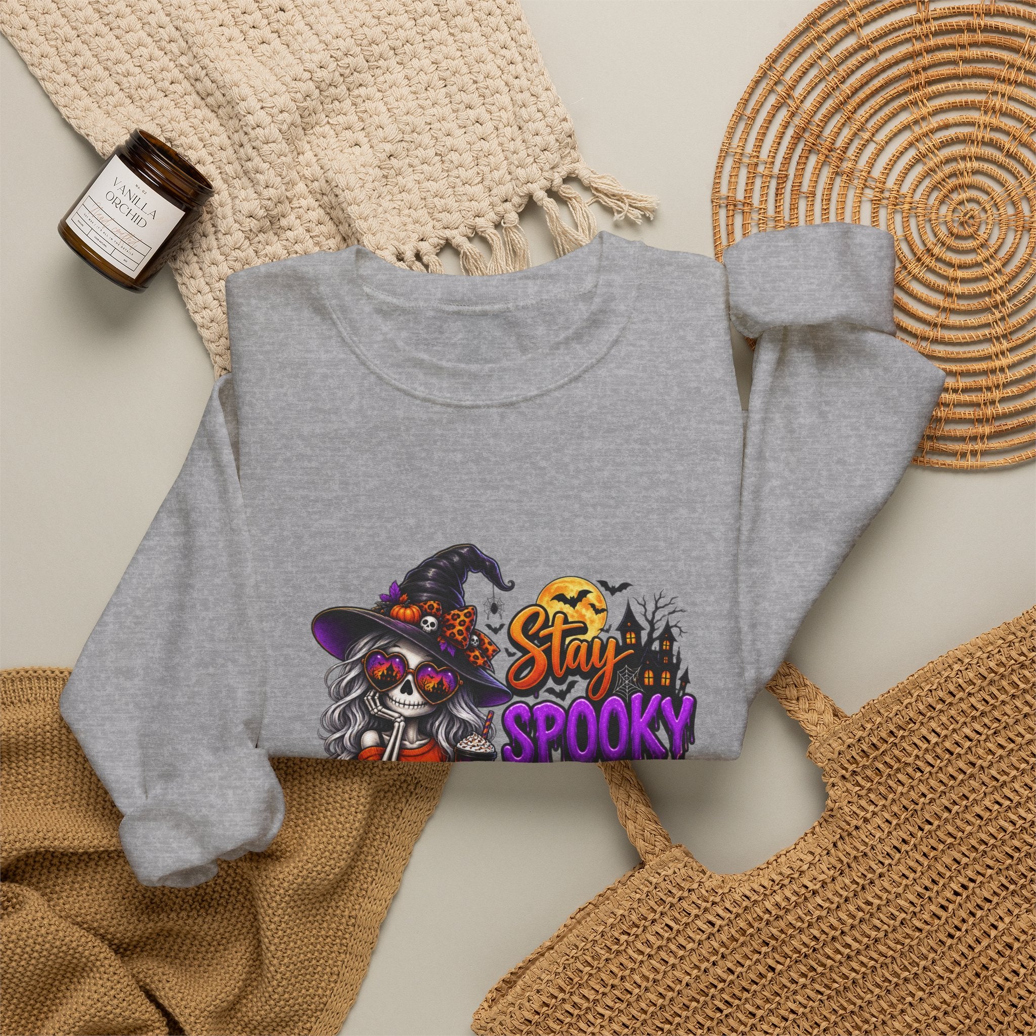 Halloween Crewneck Sweatshirt — "Stay Spooky, Drink Something Scary" Witch & Jack-O'-Lantern Design