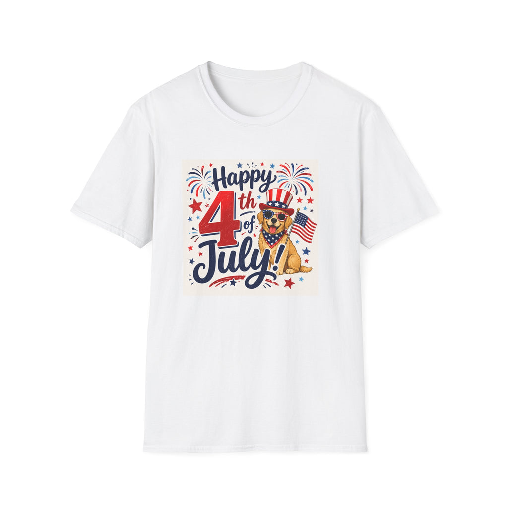 4th of July Dog T-Shirt — "Happy 4th of July" Patriotic Fireworks Tee
