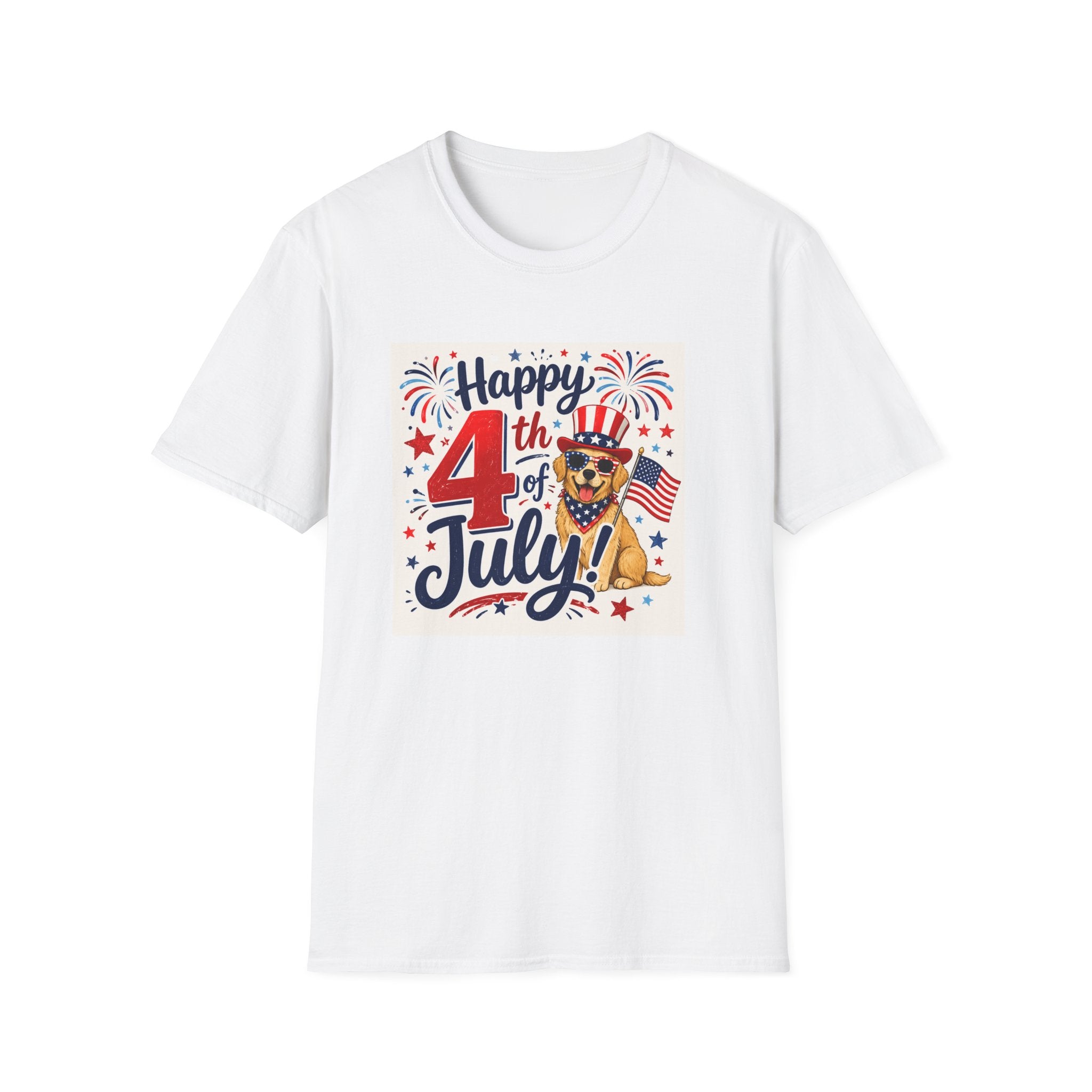 4th of July Dog T-Shirt — "Happy 4th of July" Patriotic Fireworks Tee
