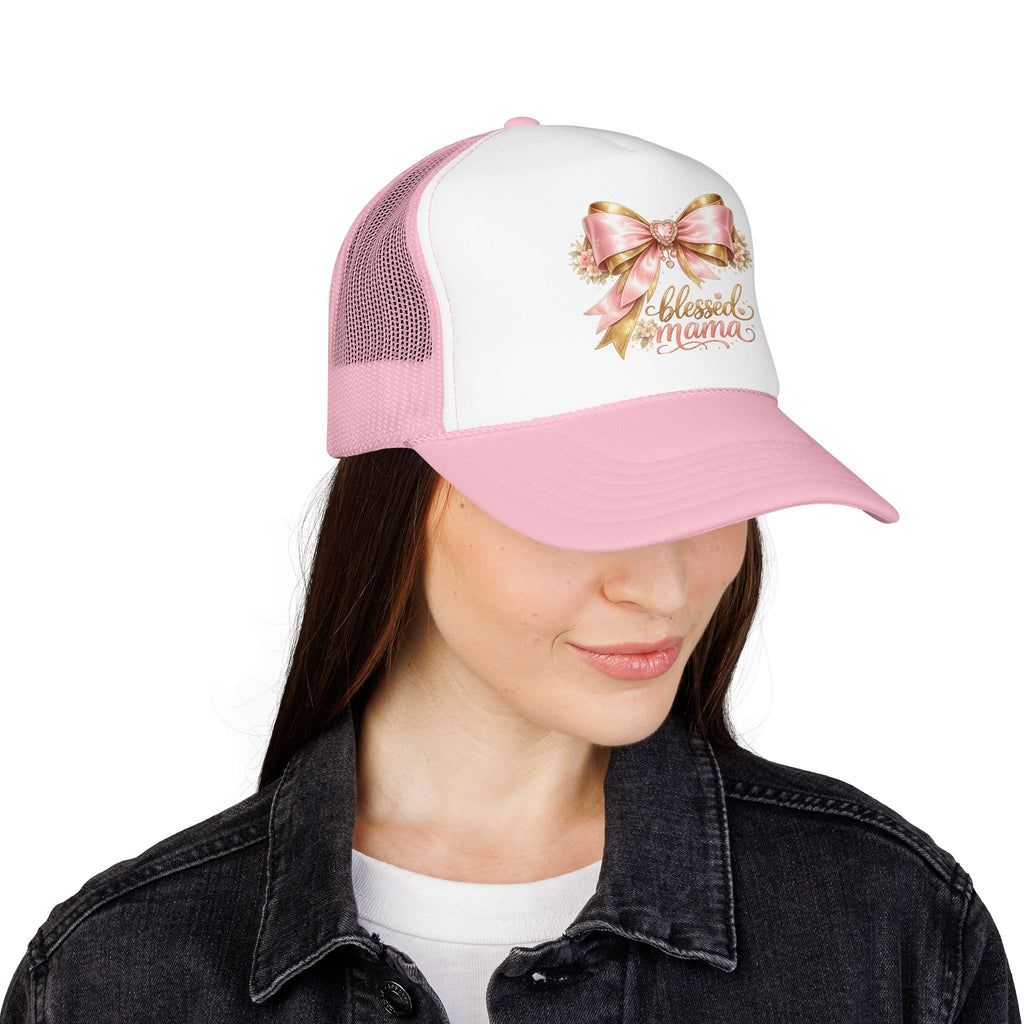 Blessed Mama Trucker Hat — Pink Ribbon Floral Mom Cap
