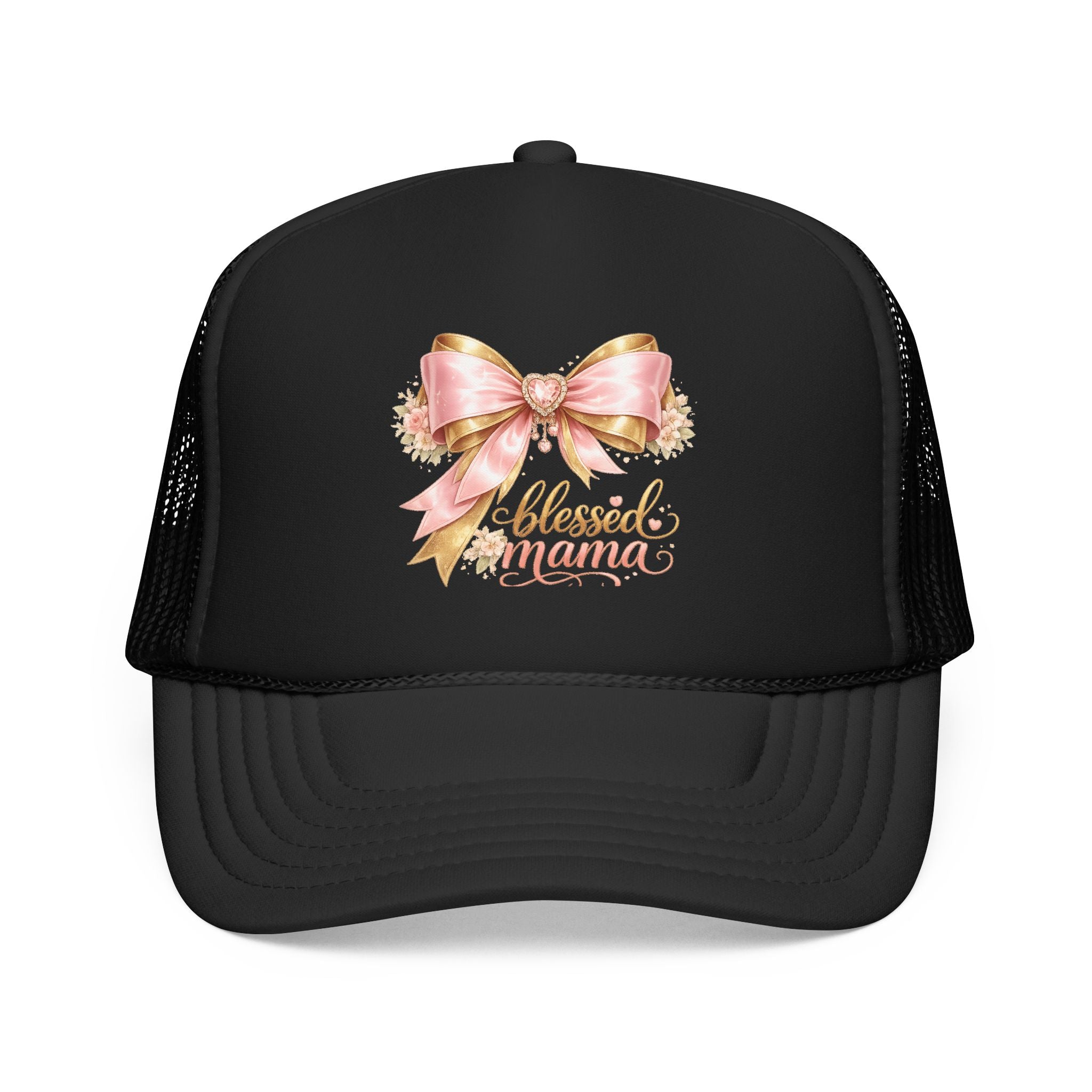 Blessed Mama Trucker Hat — Pink Ribbon Floral Mom Cap