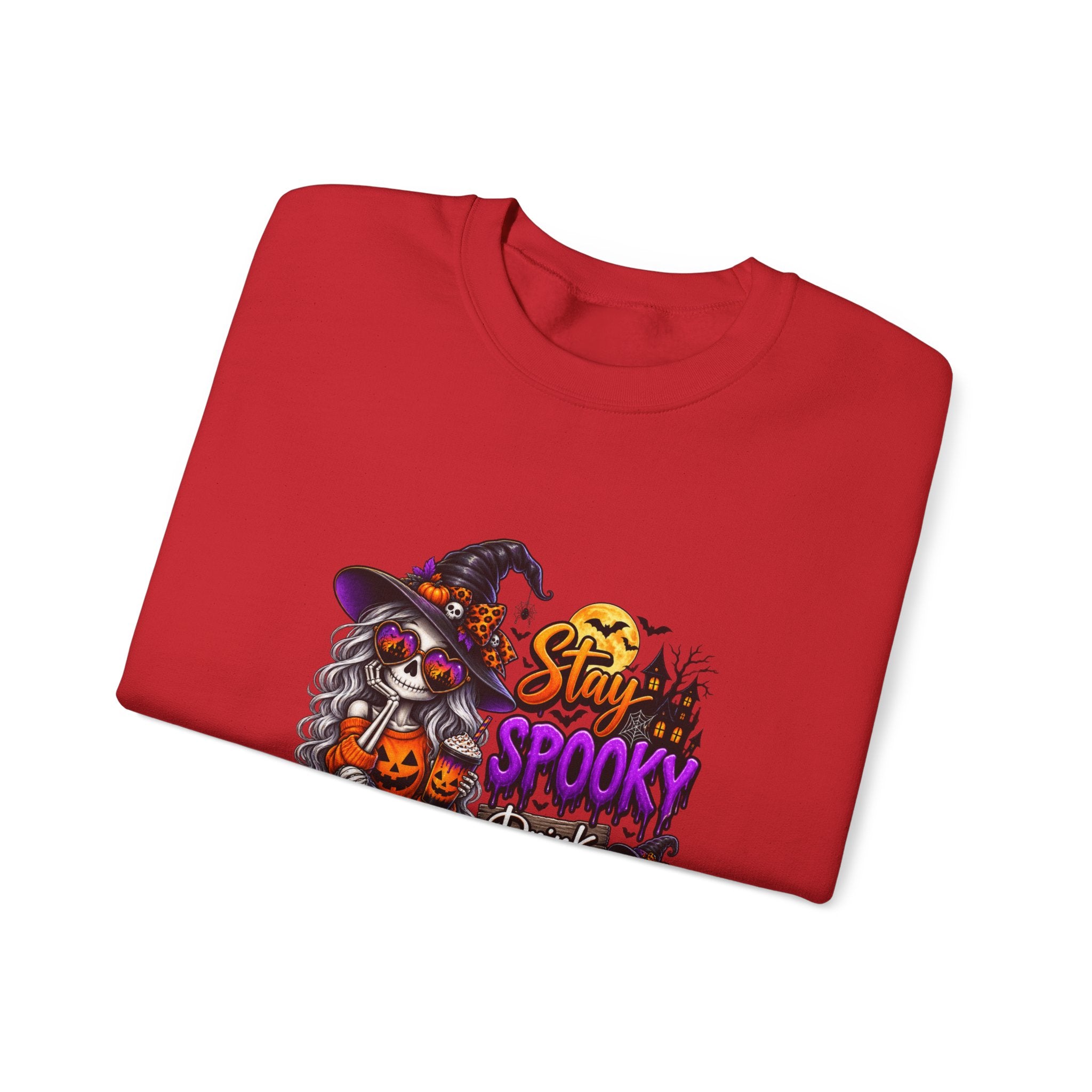 Halloween Crewneck Sweatshirt — "Stay Spooky, Drink Something Scary" Witch & Jack-O'-Lantern Design
