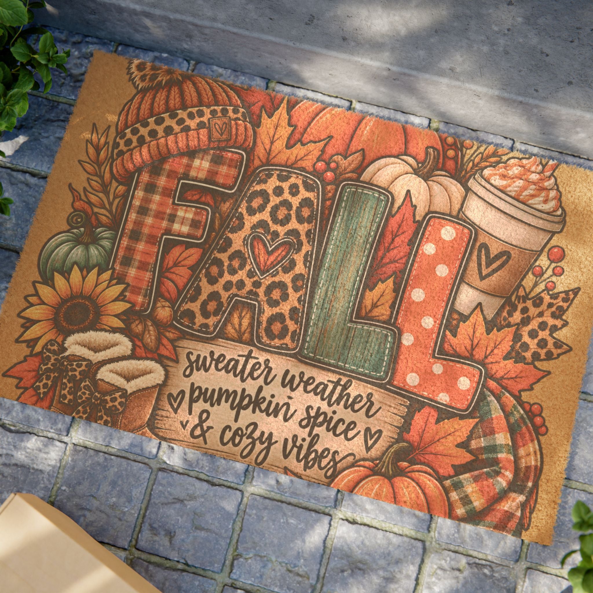 Fall Doormat — "Fall: Sweater Weather, Pumpkin Spice & Cozy Vibes" Autumn Welcome Mat