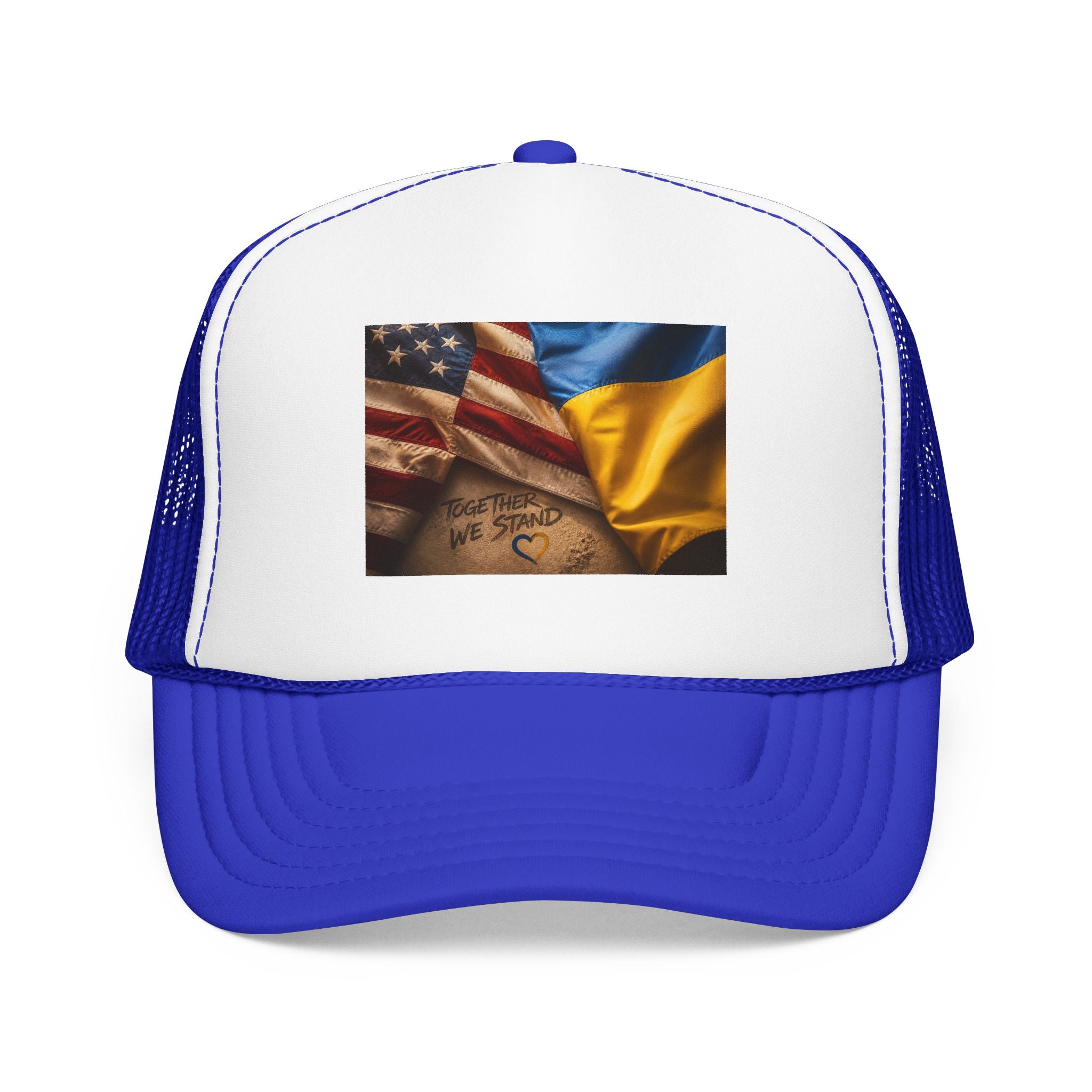 Trucker Hat — American & Ukrainian Flags "Together We Stand" Patriotic Foam Cap