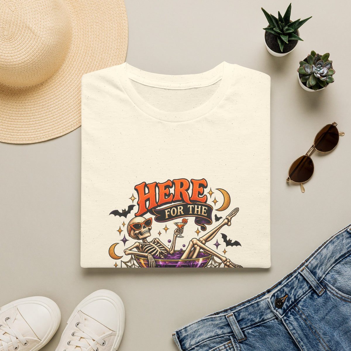 Here for the Boos Halloween T-Shirt — Skeleton Cauldron & Pumpkin Graphic Tee