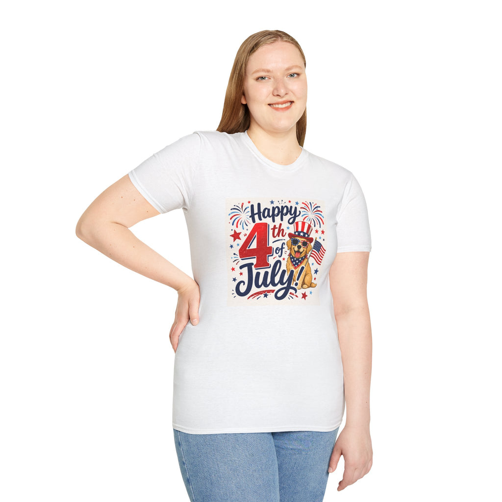 4th of July Dog T-Shirt — "Happy 4th of July" Patriotic Fireworks Tee