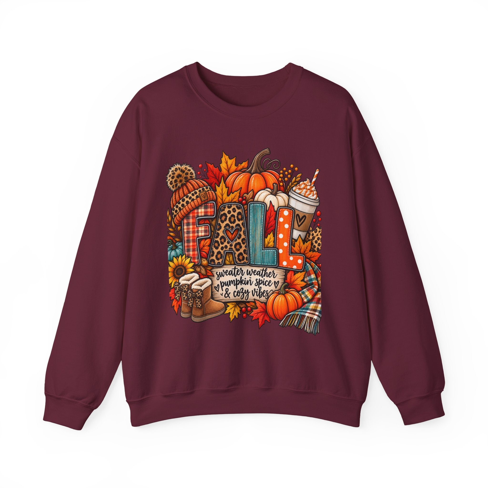 Fall Cozy Crewneck Sweatshirt — Pumpkin, Plaid & Coffee Autumn Graphic