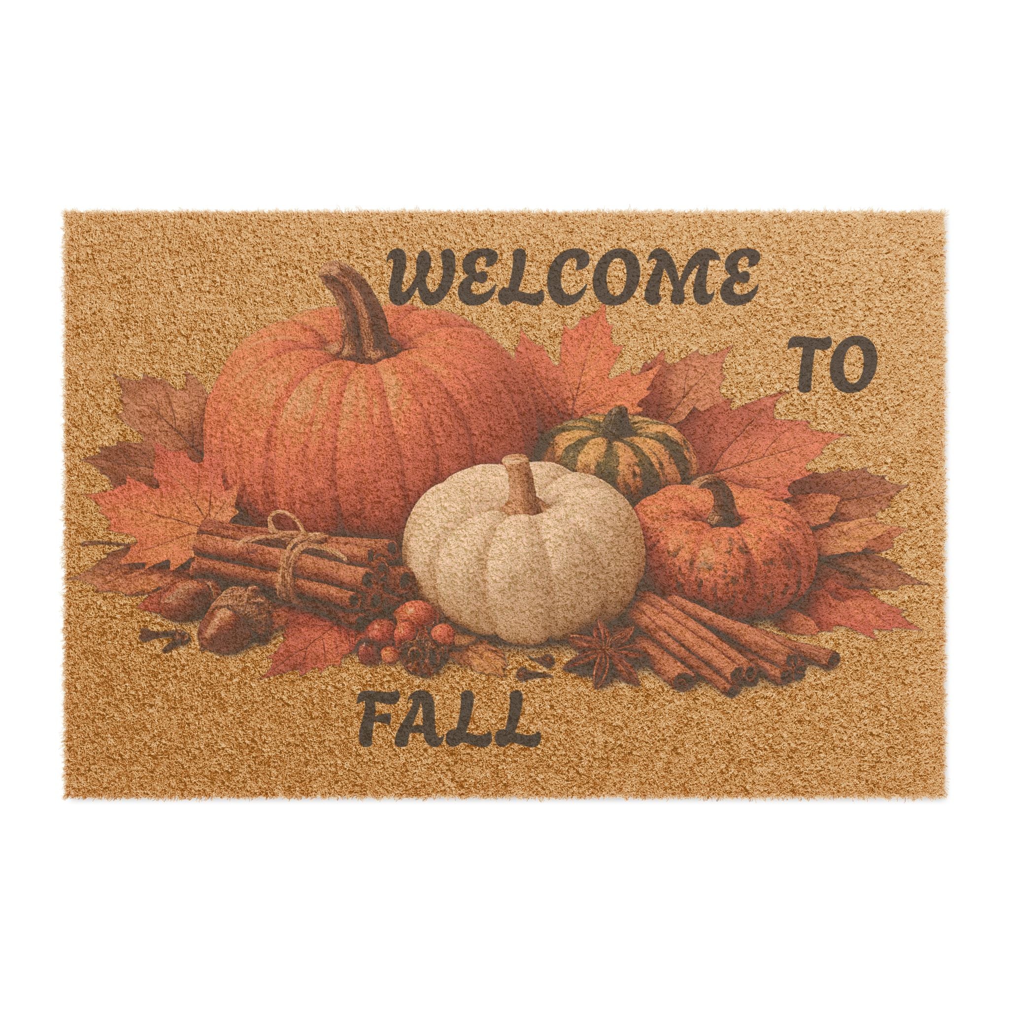 Welcome to Fall Doormat — Autumn Pumpkins & Cinnamon Porch Mat