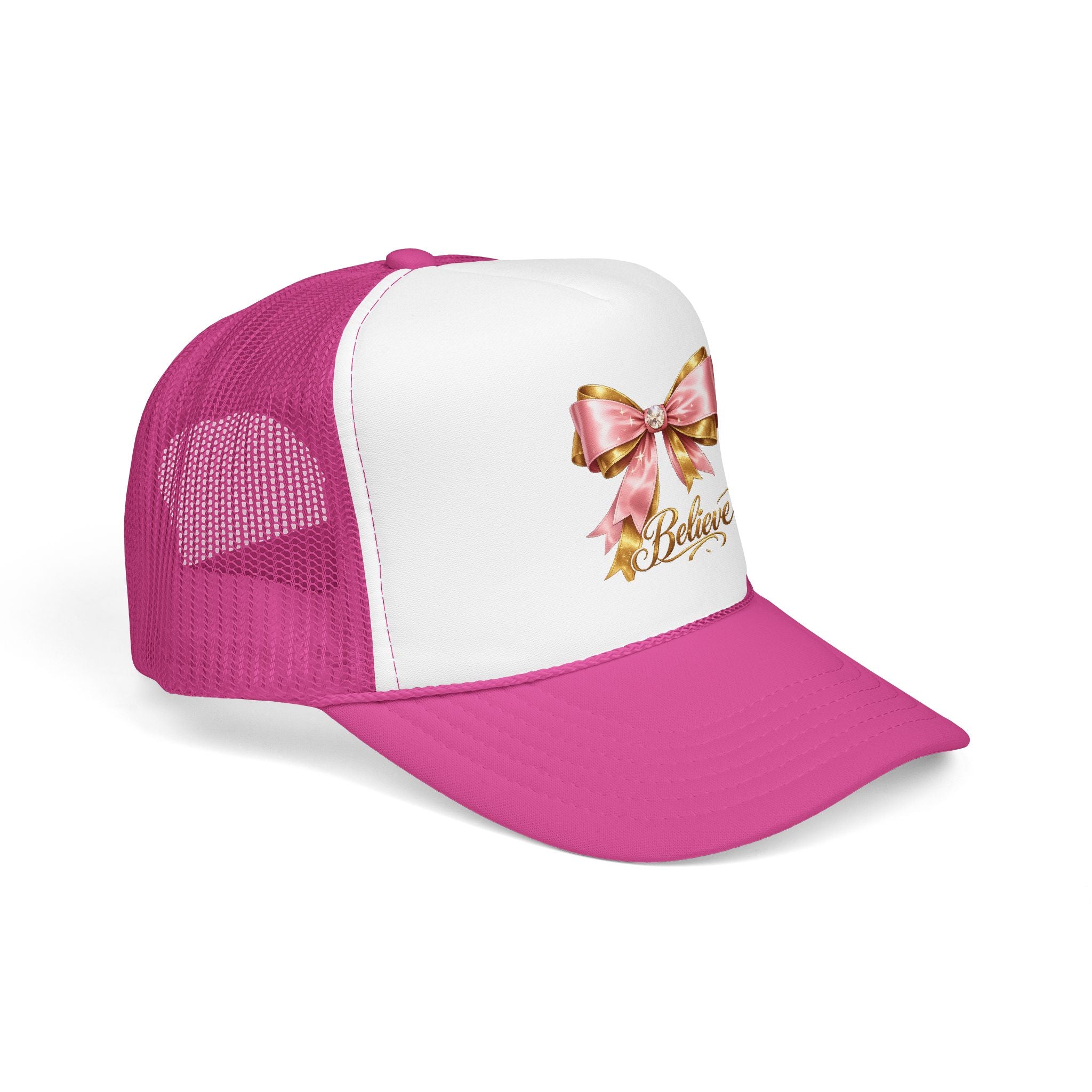 Believe Bow Trucker Hat – Pink Ribbon & Gold Script Foam Cap