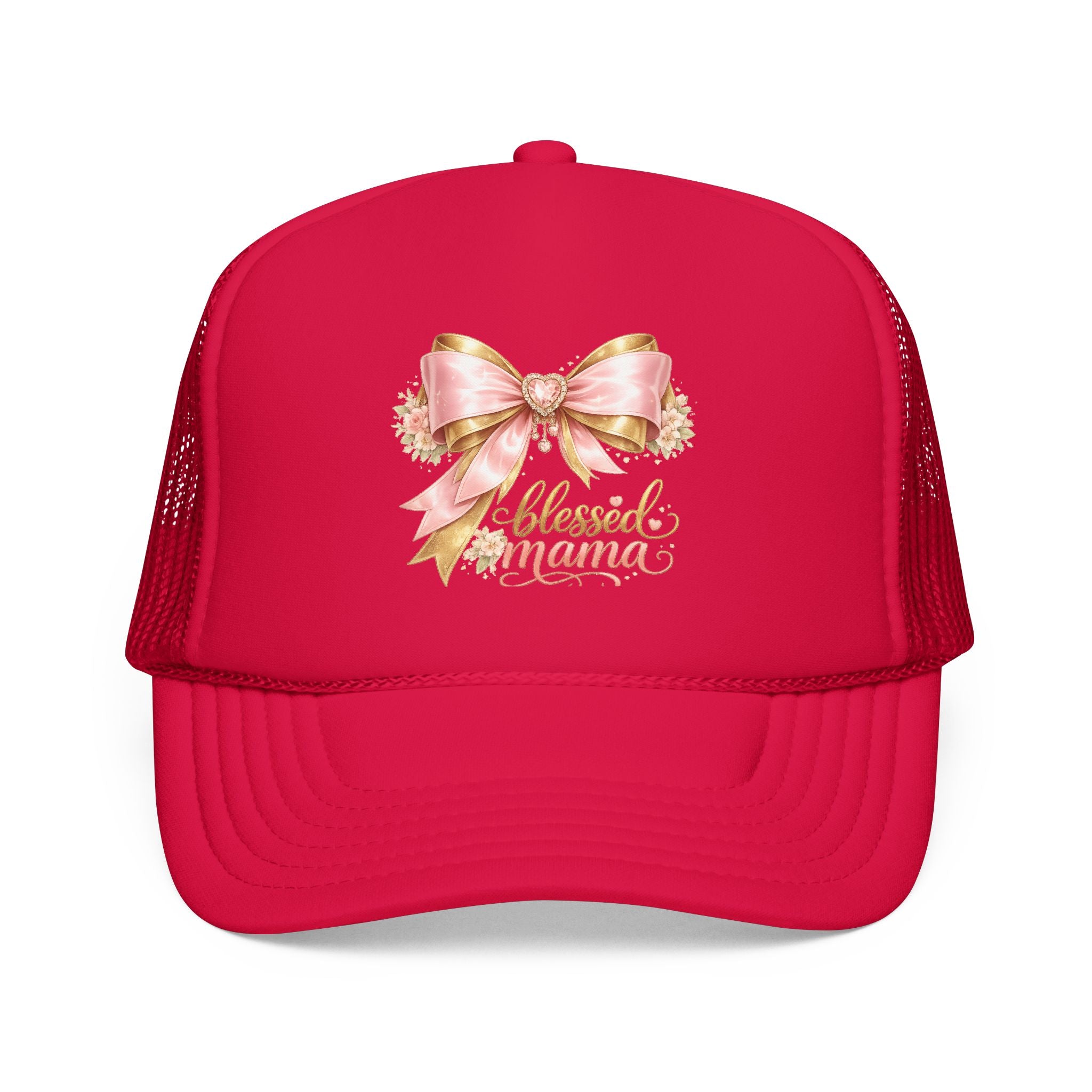 Blessed Mama Trucker Hat — Pink Ribbon Floral Mom Cap